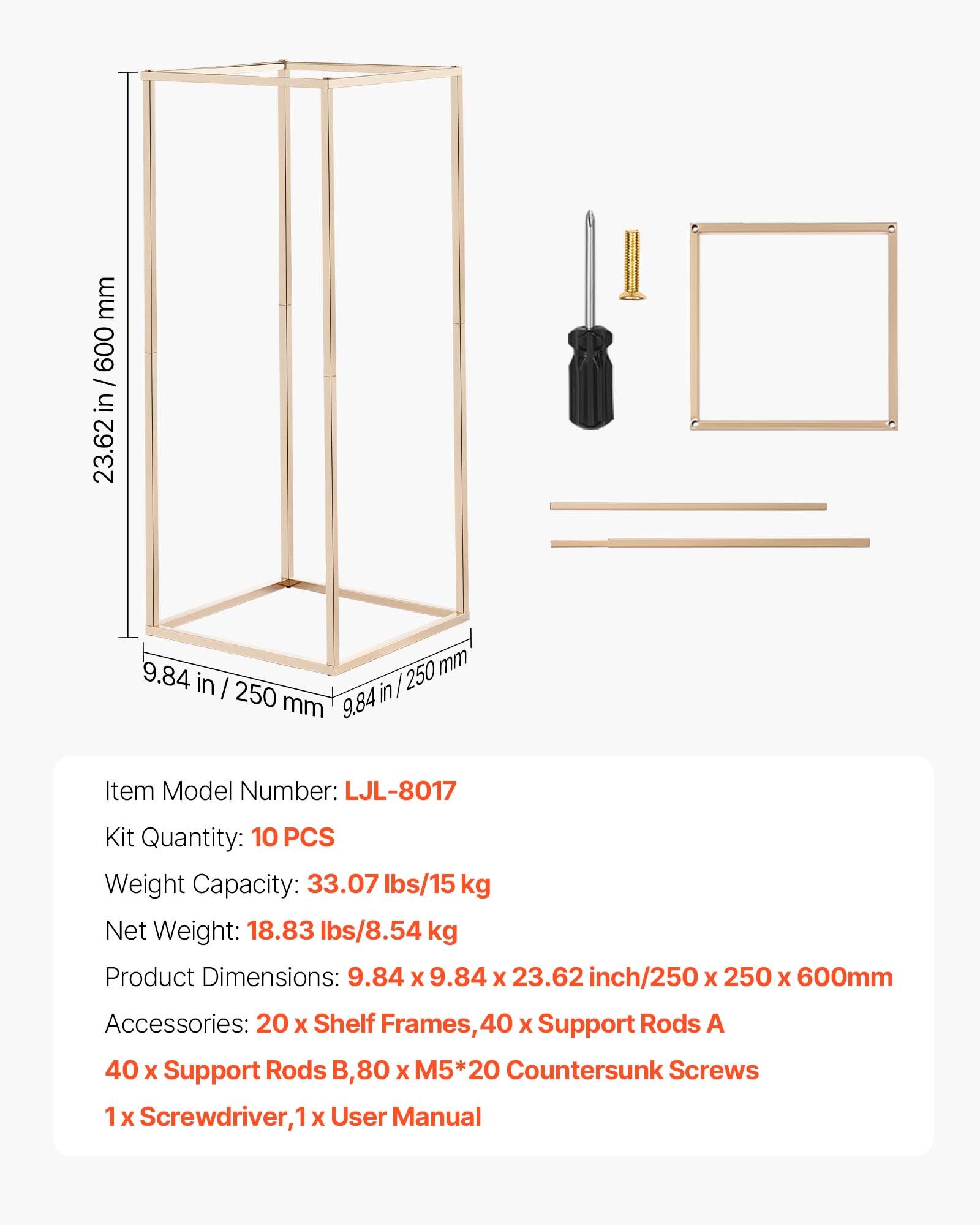 VEVOR Soporte Dorado Floral para Bodas, en Forma de Columna, con Tornillos Ocultos, Estante Rectangular Cúbico para Exhibición de Flores en Fiestas, Cumpleaños y Hogar, 250 x 250 x 600 mm, 10 uds