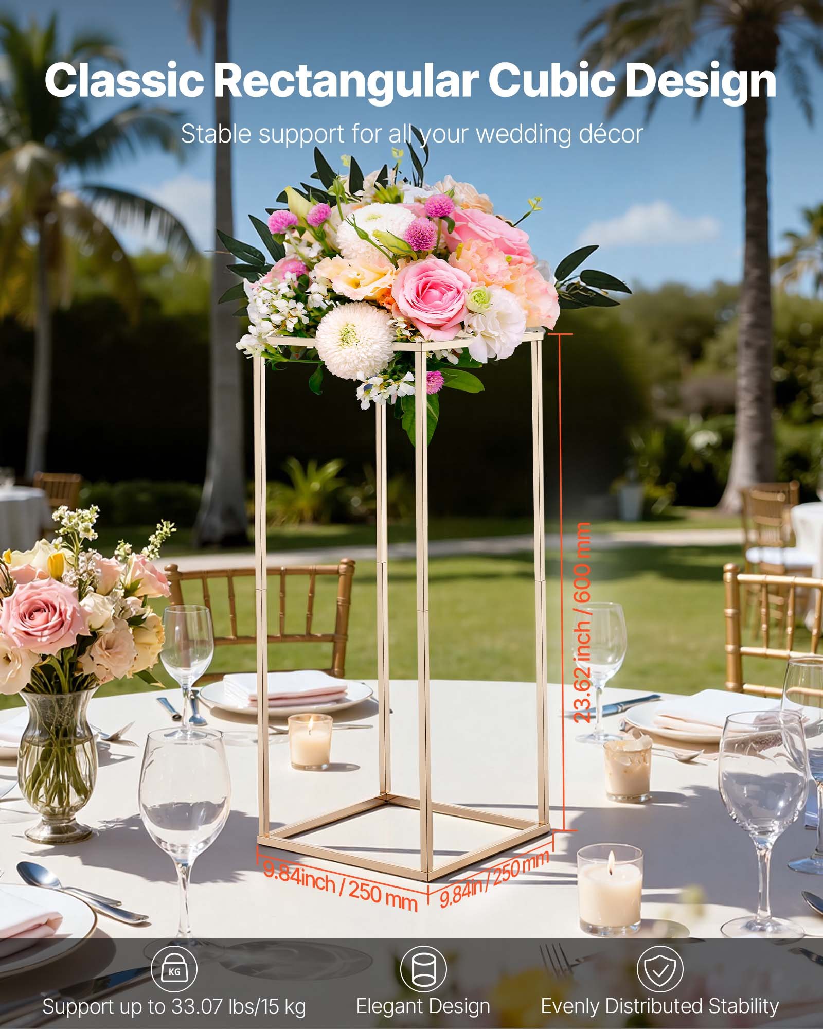 VEVOR Soporte Dorado Francés Floral para Bodas, en Forma de Columna, con Tornillos Ocultos, Estante Rectangular Cúbico para Exhibición de Flores en Fiestas Cumpleaños Hogar, 250 x 250 x 600 mm, 10 uds