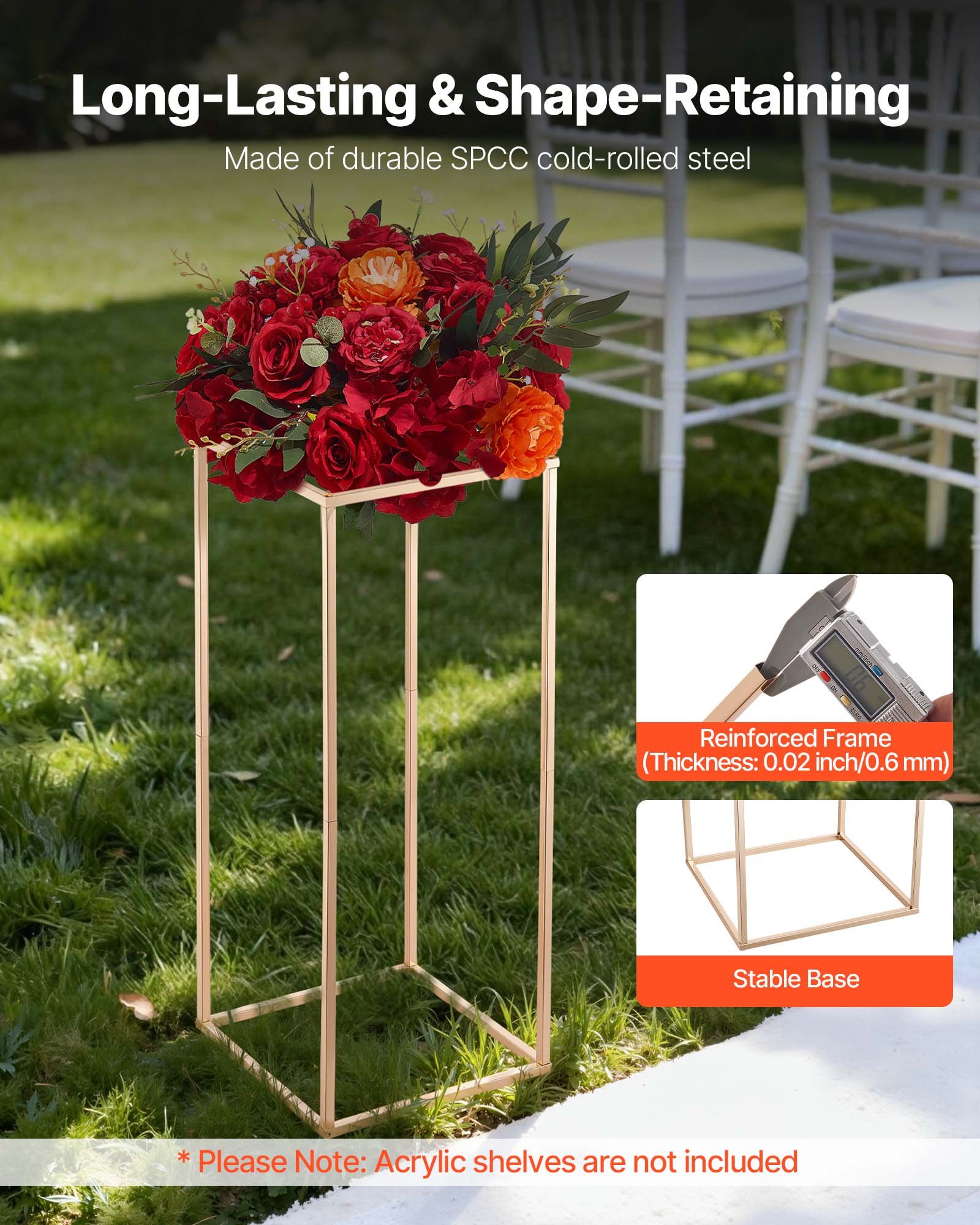 VEVOR Soporte Dorado Francés Floral para Bodas, en Forma de Columna, con Tornillos Ocultos, Estante Rectangular Cúbico para Exhibición de Flores en Fiestas Cumpleaños Hogar, 250 x 250 x 600 mm, 10 uds
