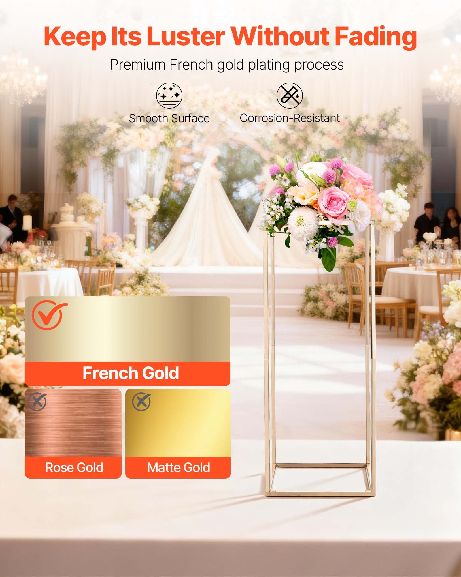 VEVOR Soporte Dorado Francés Floral para Bodas, en Forma de Columna, con Tornillos Ocultos, Estante Rectangular Cúbico para Exhibición de Flores en Fiestas Cumpleaños Hogar, 250 x 250 x 600 mm, 10 uds