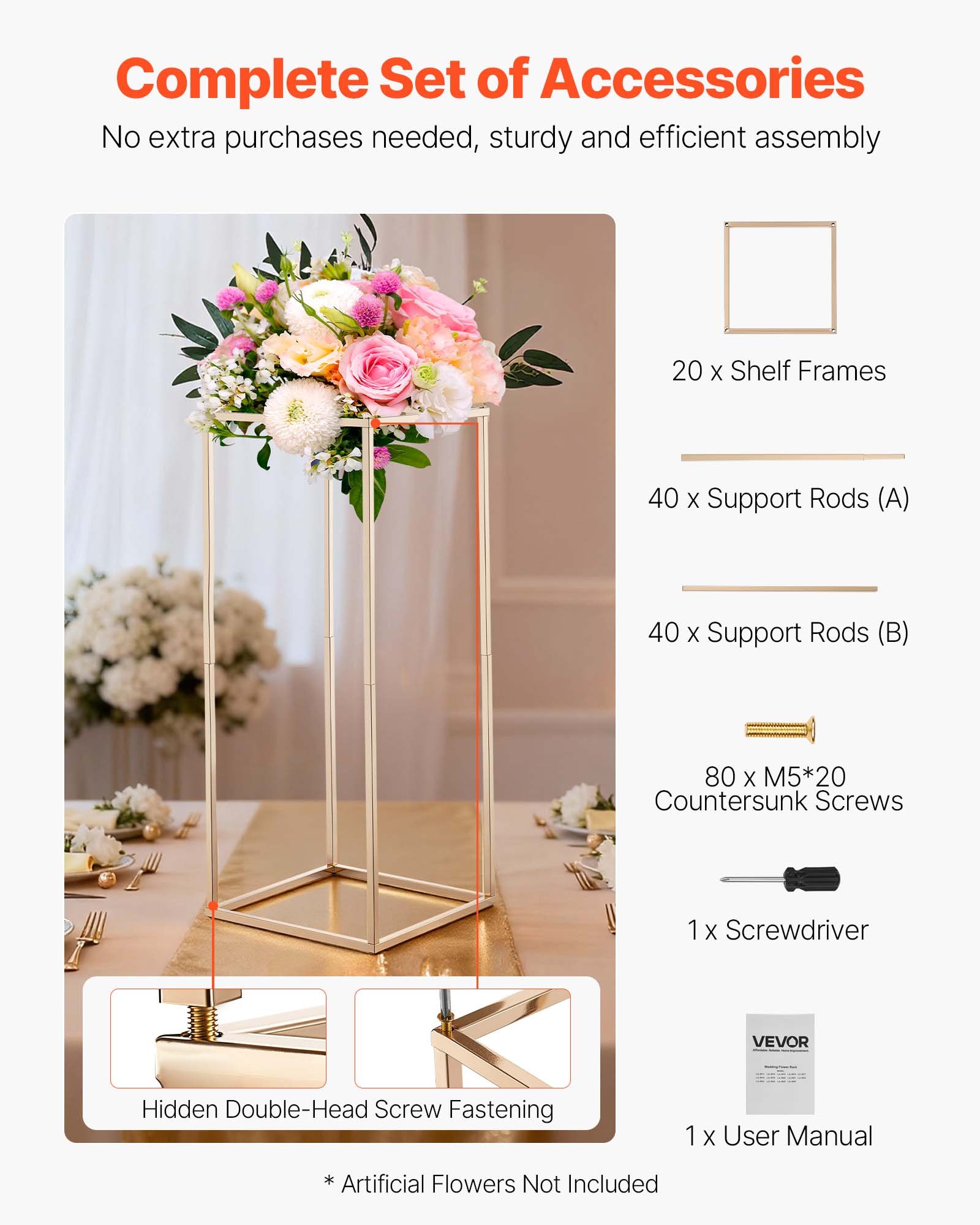 VEVOR Soporte Dorado Francés Floral para Bodas, en Forma de Columna, con Tornillos Ocultos, Estante Rectangular Cúbico para Exhibición de Flores en Fiestas Cumpleaños Hogar, 250 x 250 x 600 mm, 10 uds
