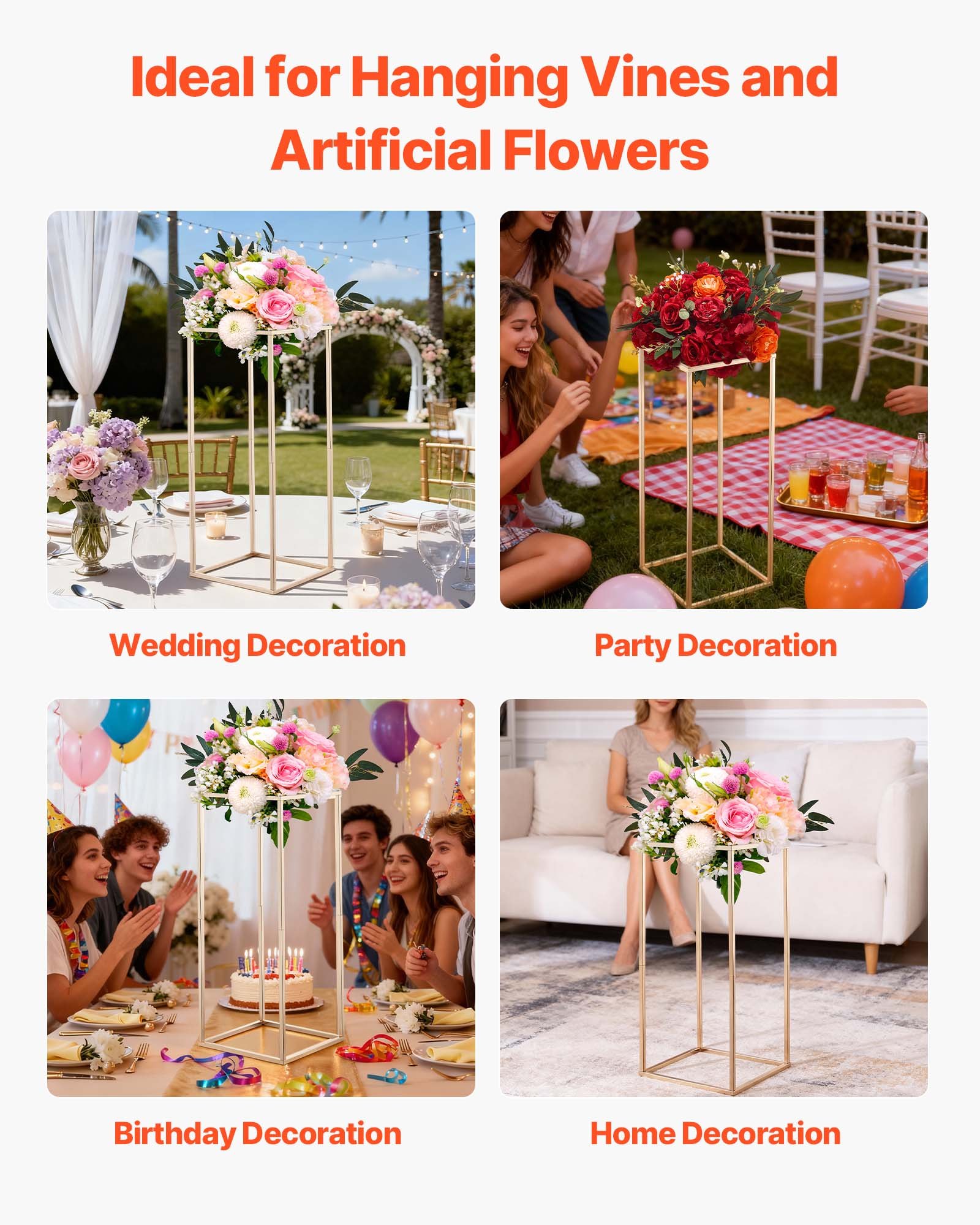 VEVOR Soporte Dorado Francés Floral para Bodas, en Forma de Columna, con Tornillos Ocultos, Estante Rectangular Cúbico para Exhibición de Flores en Fiestas Cumpleaños Hogar, 250 x 250 x 600 mm, 10 uds
