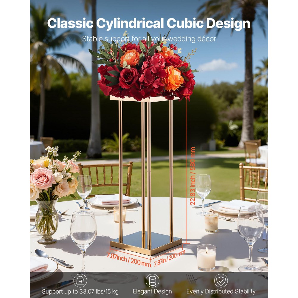 VEVOR Soporte Floral para Bodas, en Forma de Columna, con Laminado Metálico, Ideal para Bodas, Fiestas, Cumpleaños y el Hogar, Soportes Dorados Francés para Centros de Mesa, 200 x 200 x 600 mm, 10 uds