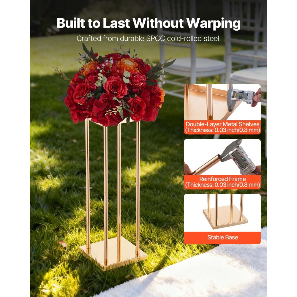 VEVOR Soporte Floral para Bodas, en Forma de Columna, con Laminado Metálico, Ideal para Bodas, Fiestas, Cumpleaños y el Hogar, Soportes Dorados Francés para Centros de Mesa, 200 x 200 x 600 mm, 10 uds