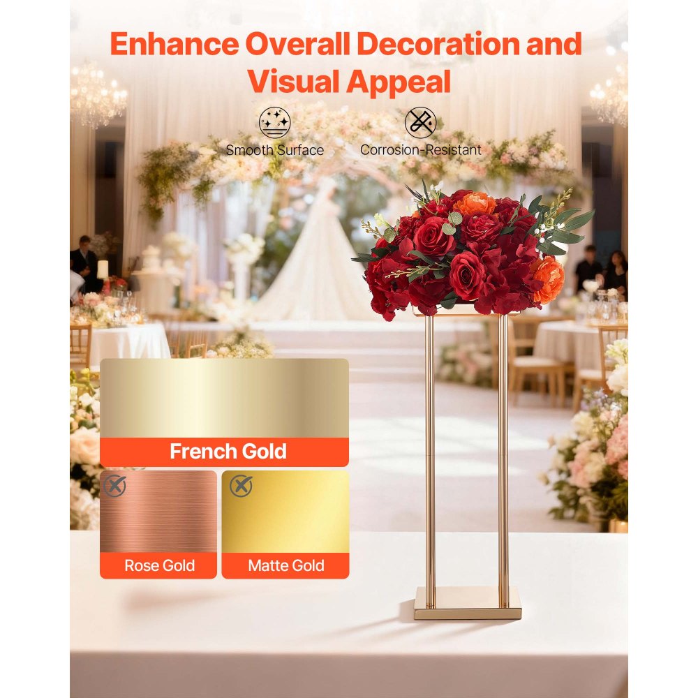 VEVOR Soporte Floral para Bodas, en Forma de Columna, con Laminado Metálico, Ideal para Bodas, Fiestas, Cumpleaños y el Hogar, Soportes Dorados Francés para Centros de Mesa, 200 x 200 x 600 mm, 10 uds