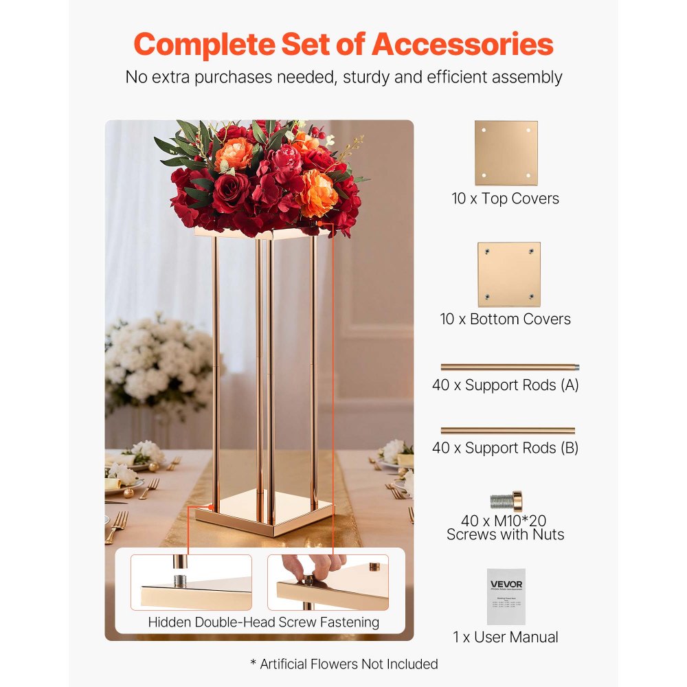 VEVOR Soporte Floral para Bodas, en Forma de Columna, con Laminado Metálico, Ideal para Bodas, Fiestas, Cumpleaños y el Hogar, Soportes Dorados Francés para Centros de Mesa, 200 x 200 x 600 mm, 10 uds