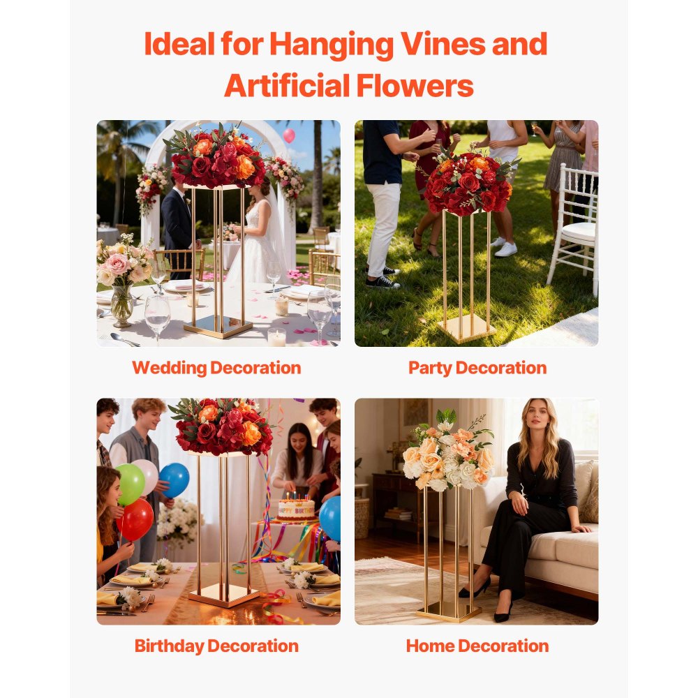VEVOR Soporte Floral para Bodas, en Forma de Columna, con Laminado Metálico, Ideal para Bodas, Fiestas, Cumpleaños y el Hogar, Soportes Dorados Francés para Centros de Mesa, 200 x 200 x 600 mm, 10 uds