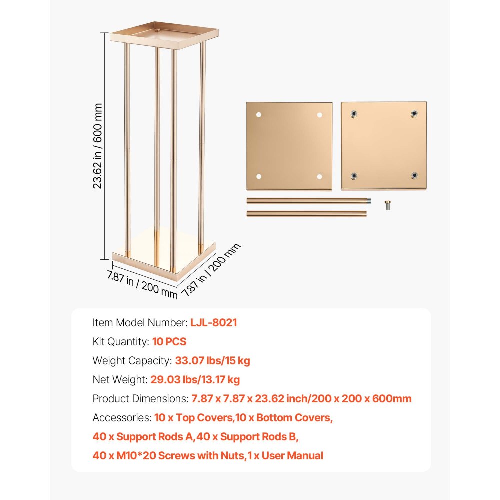 VEVOR Soporte Floral para Bodas, en Forma de Columna, con Laminado Metálico, Ideal para Bodas, Fiestas, Cumpleaños y el Hogar, Soportes Dorados Francés para Centros de Mesa, 200 x 200 x 600 mm, 10 uds