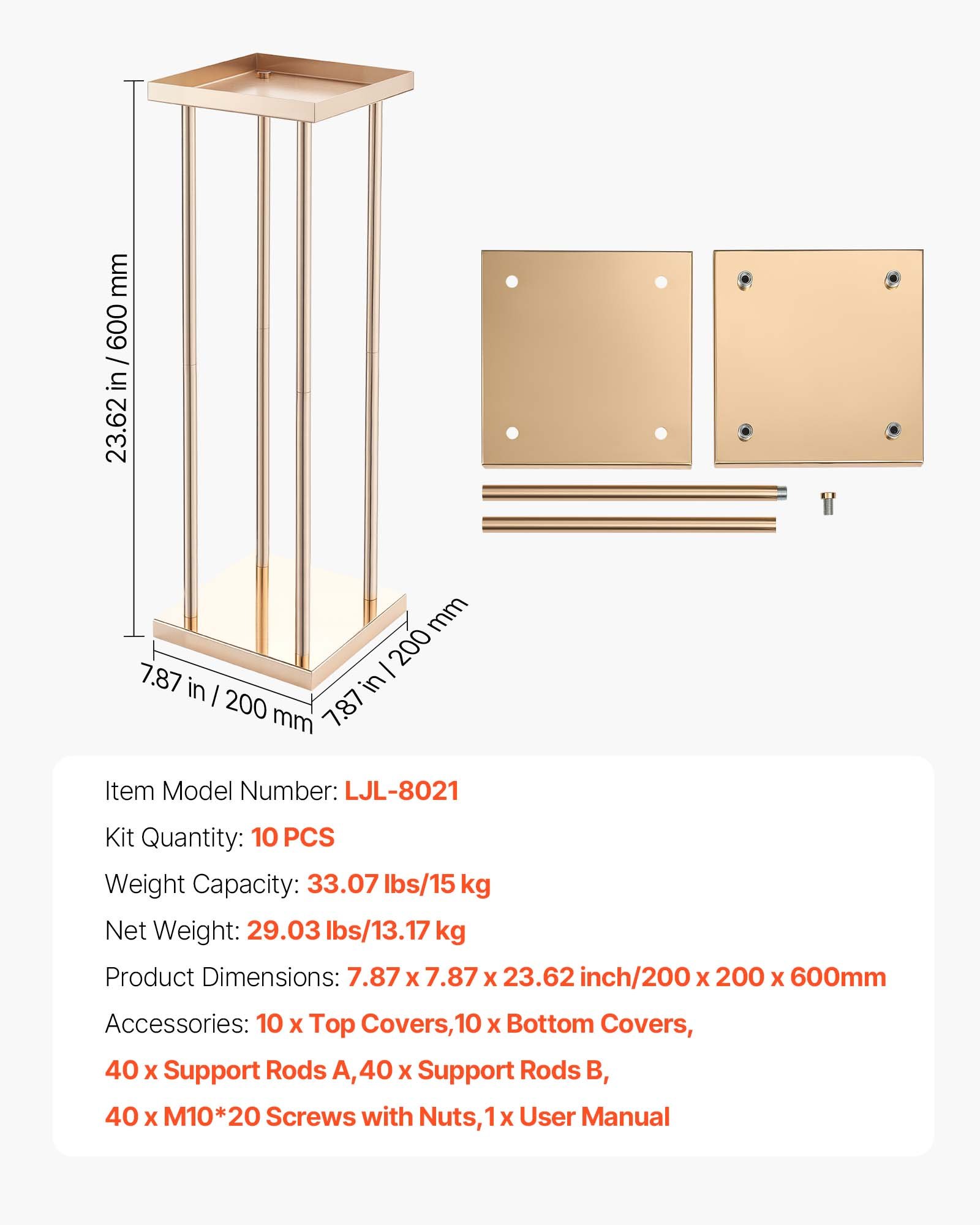 VEVOR Soporte Floral para Bodas, en Forma de Columna, con Laminado Metálico, Ideal para Bodas, Fiestas, Cumpleaños y el Hogar, Soportes Dorados para Centros de Mesa, 200 x 200 x 600 mm, 10 uds