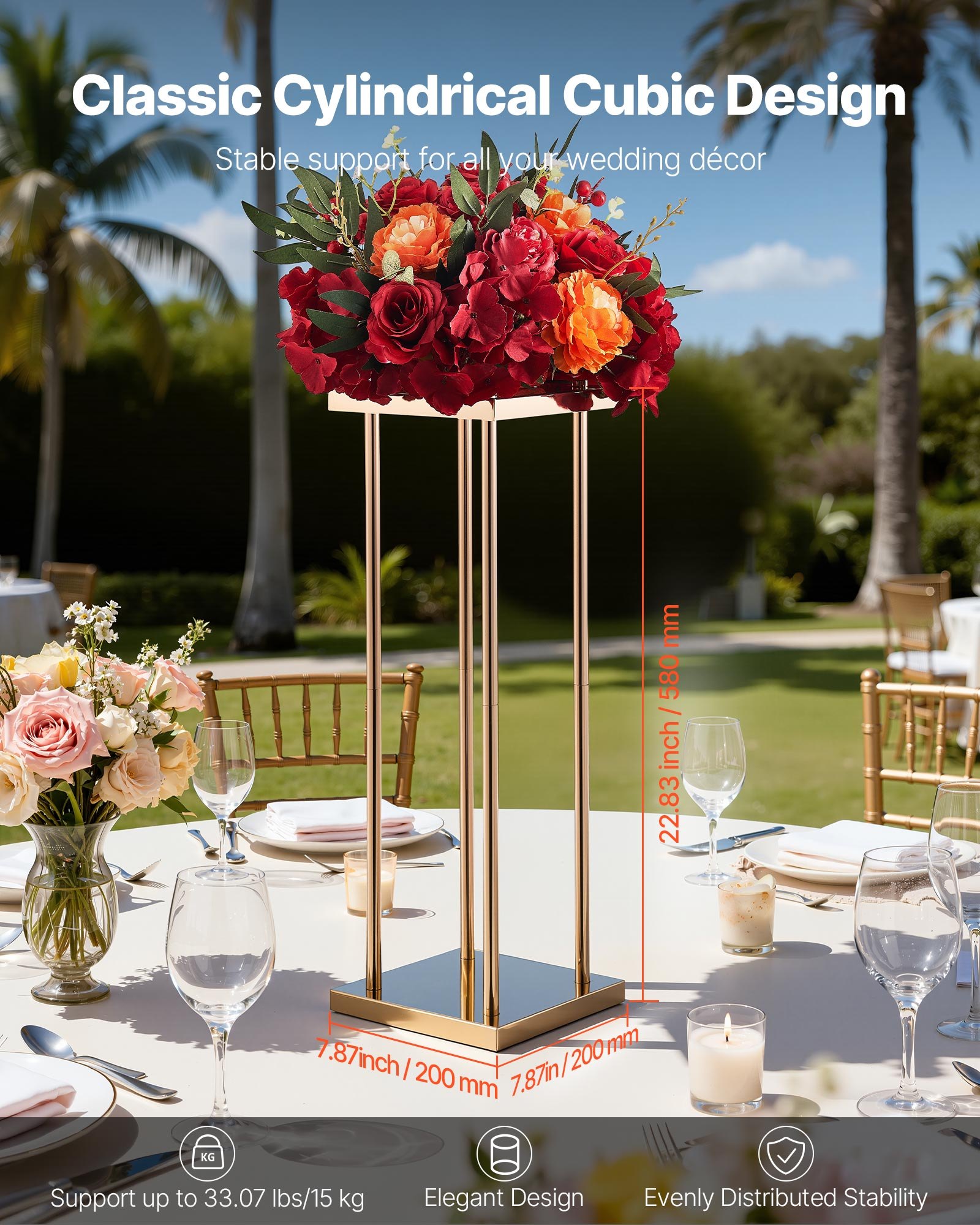VEVOR Soporte Floral para Bodas, en Forma de Columna, con Laminado Metálico, Ideal para Bodas, Fiestas, Cumpleaños y el Hogar, Soportes Dorados Francés para Centros de Mesa, 200 x 200 x 600 mm, 10 uds