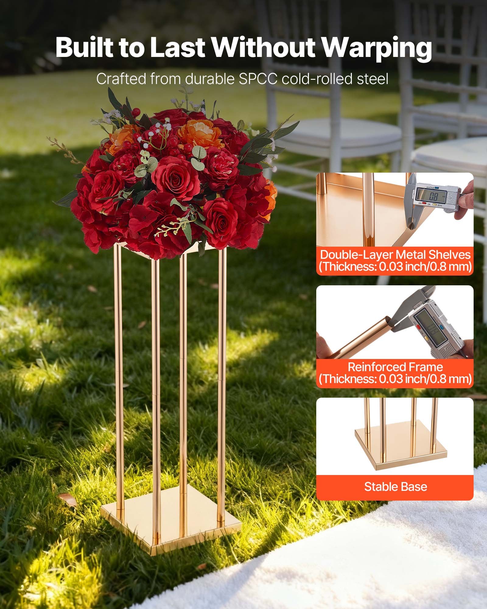 VEVOR Soporte Floral para Bodas, en Forma de Columna, con Laminado Metálico, Ideal para Bodas, Fiestas, Cumpleaños y el Hogar, Soportes Dorados Francés para Centros de Mesa, 200 x 200 x 600 mm, 10 uds
