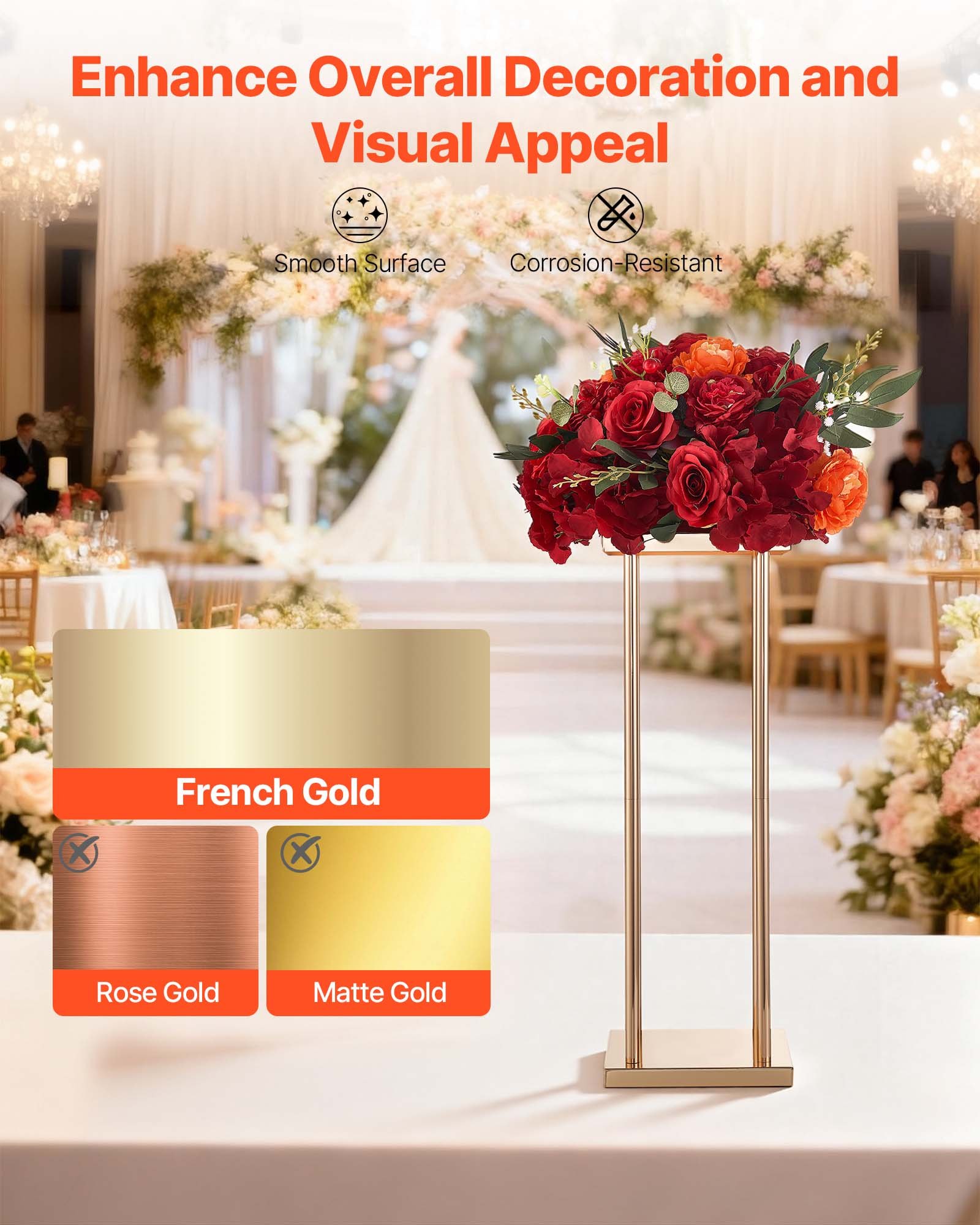 VEVOR Soporte Floral para Bodas, en Forma de Columna, con Laminado Metálico, Ideal para Bodas, Fiestas, Cumpleaños y el Hogar, Soportes Dorados Francés para Centros de Mesa, 200 x 200 x 600 mm, 10 uds