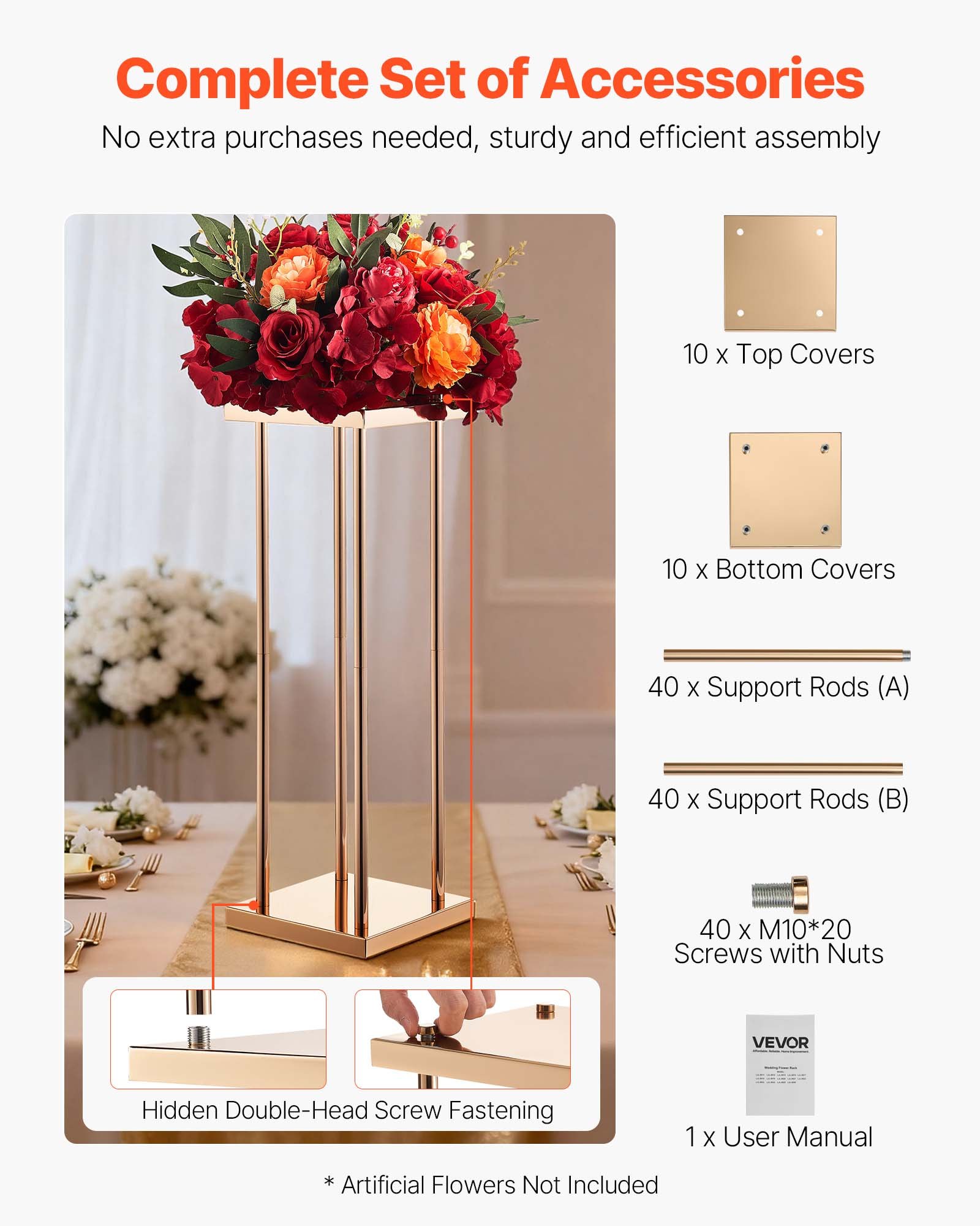 VEVOR Soporte Floral para Bodas, en Forma de Columna, con Laminado Metálico, Ideal para Bodas, Fiestas, Cumpleaños y el Hogar, Soportes Dorados Francés para Centros de Mesa, 200 x 200 x 600 mm, 10 uds