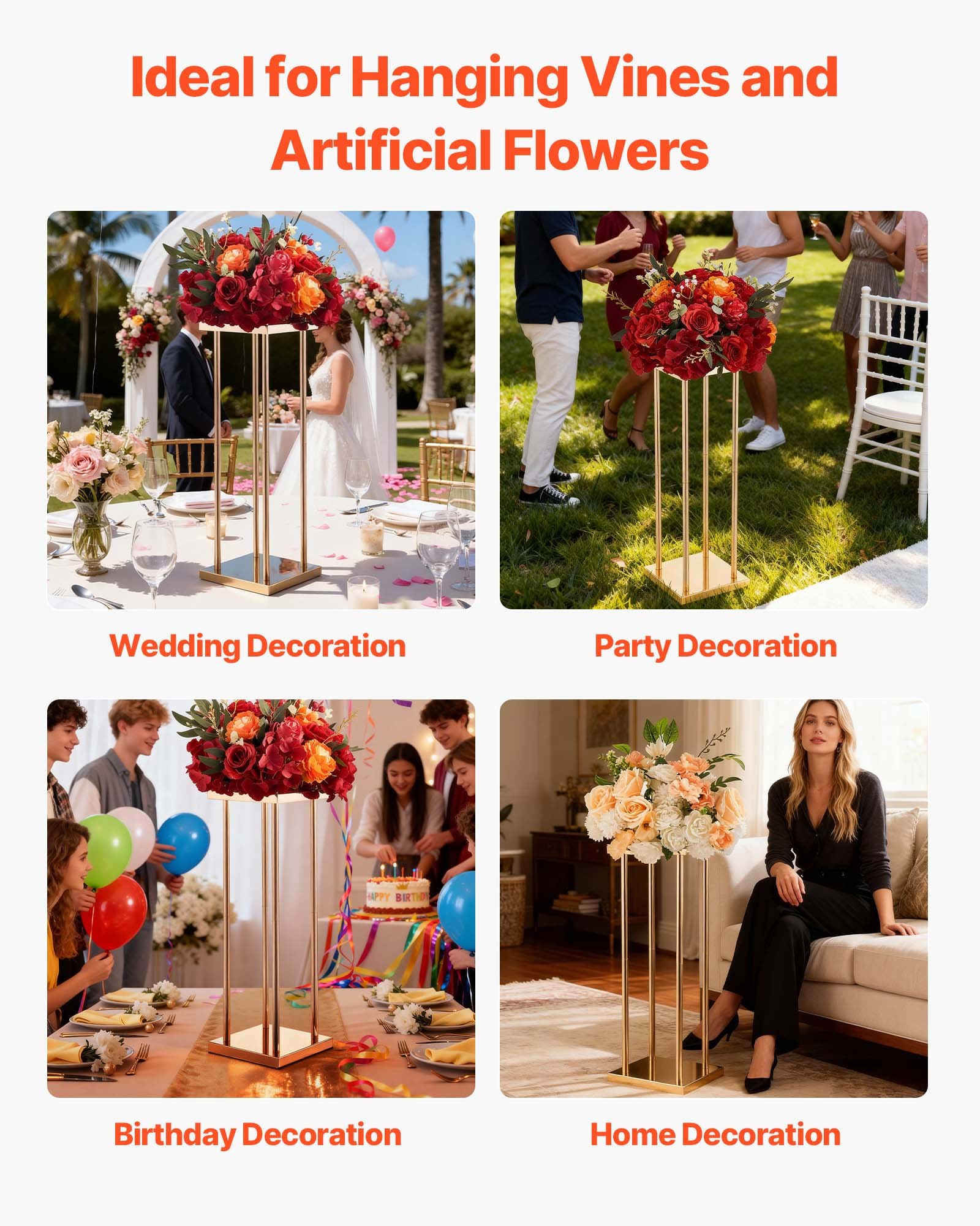 VEVOR Soporte Floral para Bodas, en Forma de Columna, con Laminado Metálico, Ideal para Bodas, Fiestas, Cumpleaños y el Hogar, Soportes Dorados Francés para Centros de Mesa, 200 x 200 x 600 mm, 10 uds