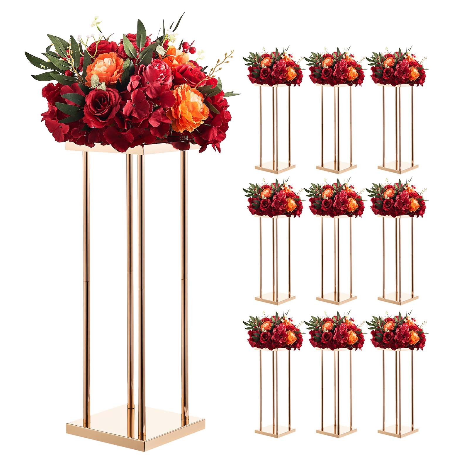 VEVOR Soporte Floral para Bodas, en Forma de Columna, con Laminado Metálico, Ideal para Bodas, Fiestas, Cumpleaños y el Hogar, Soportes Dorados Francés para Centros de Mesa, 200 x 200 x 600 mm, 10 uds