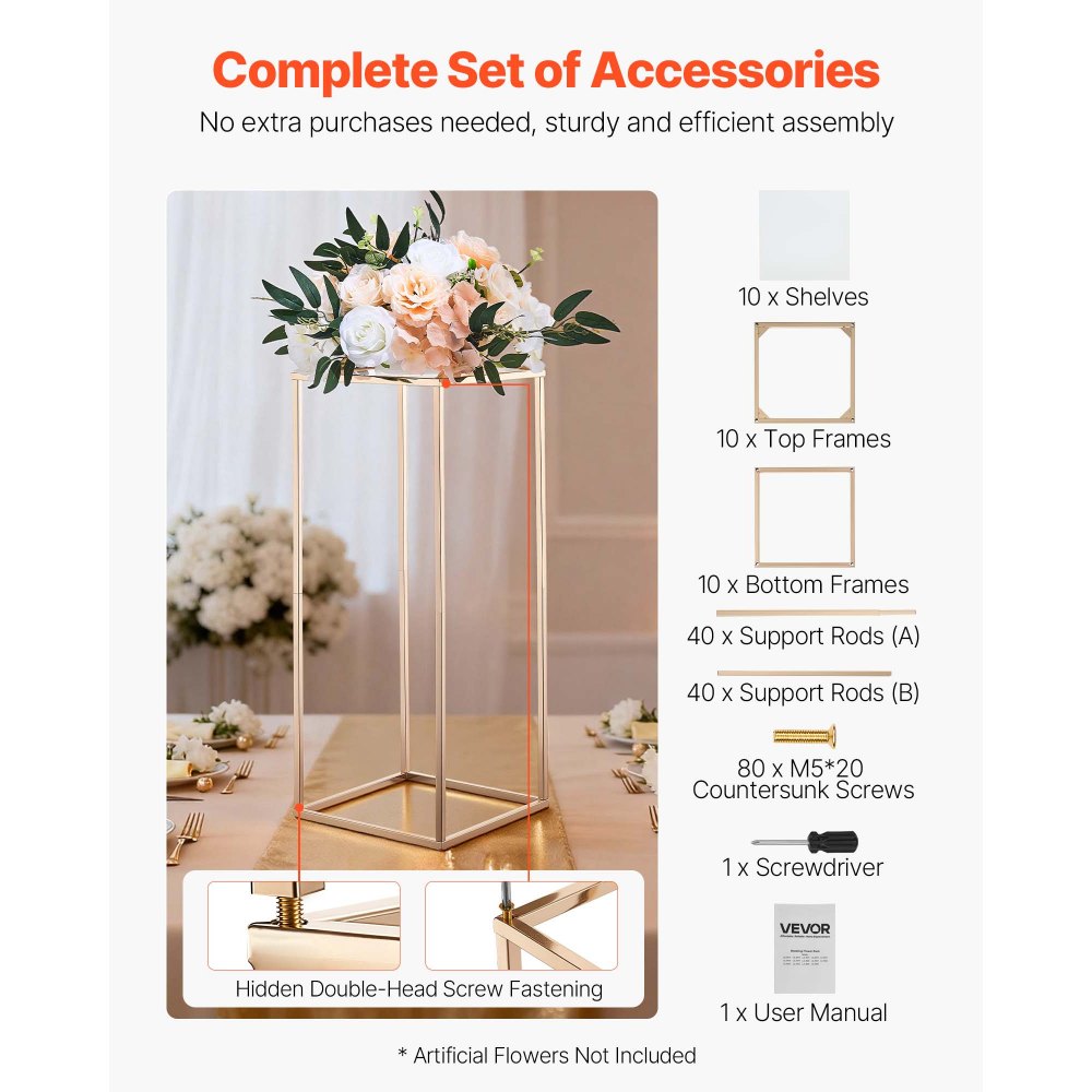 VEVOR Soporte Floral para Bodas, 10 uds, Laminado Acrílico, Estante Rectangular Dorado Francés para Exhibición de Flores en Fiestas, Cumpleaños y Hogar, Estilo Clásico y Elegante, 250 x 250 x 600 mm