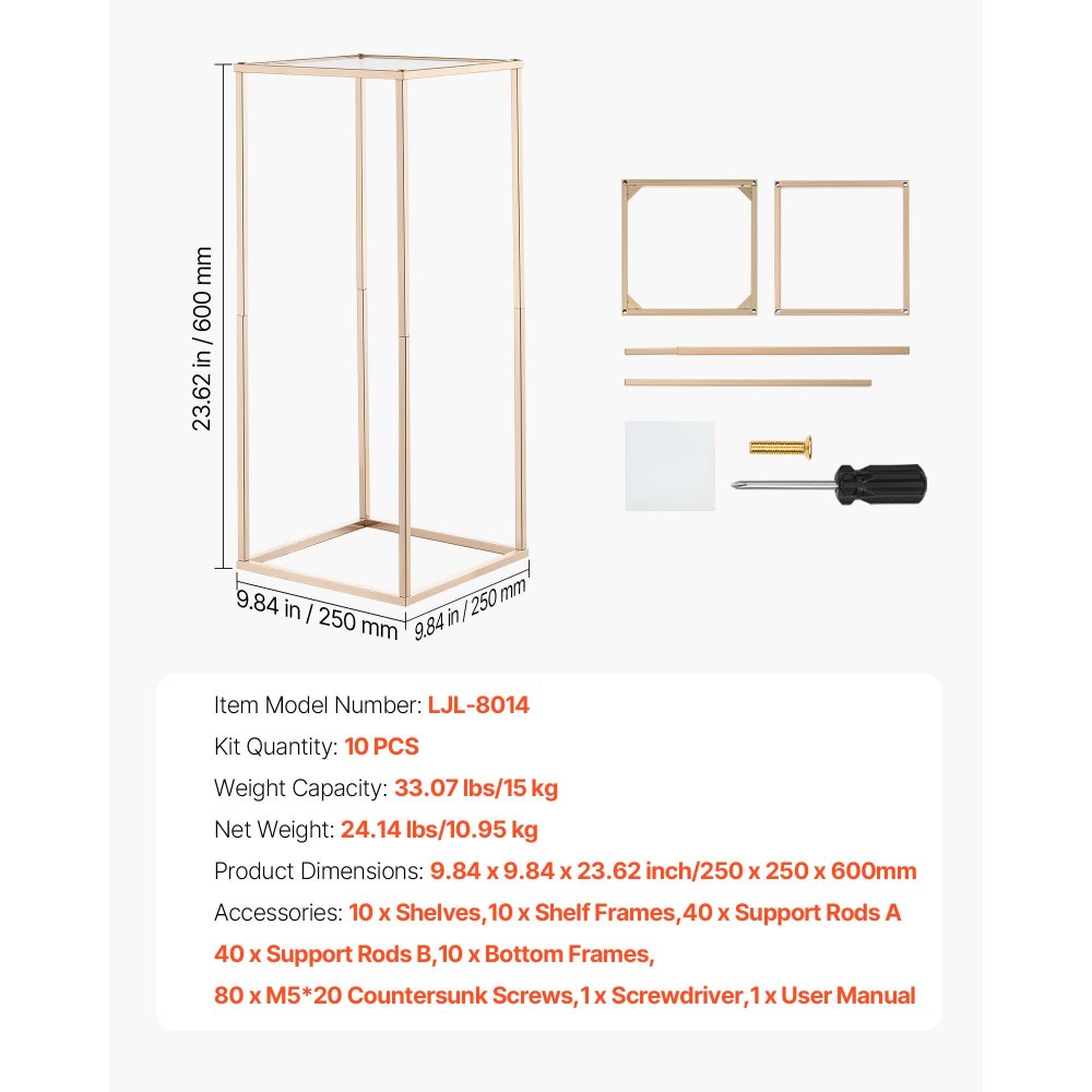 VEVOR Soporte Floral para Bodas, 10 uds, Laminado Acrílico, Estante Rectangular Dorado Francés para Exhibición de Flores en Fiestas, Cumpleaños y Hogar, Estilo Clásico y Elegante, 250 x 250 x 600 mm