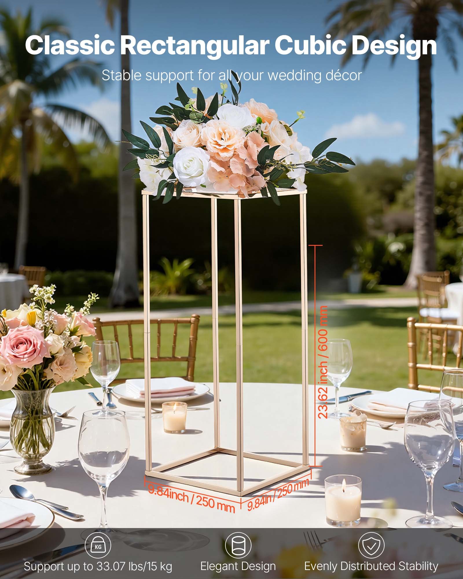 VEVOR Soporte Floral para Bodas, 10 uds, Laminado Acrílico, Estante Rectangular Dorado Francés para Exhibición de Flores en Fiestas, Cumpleaños y Hogar, Estilo Clásico y Elegante, 250 x 250 x 600 mm
