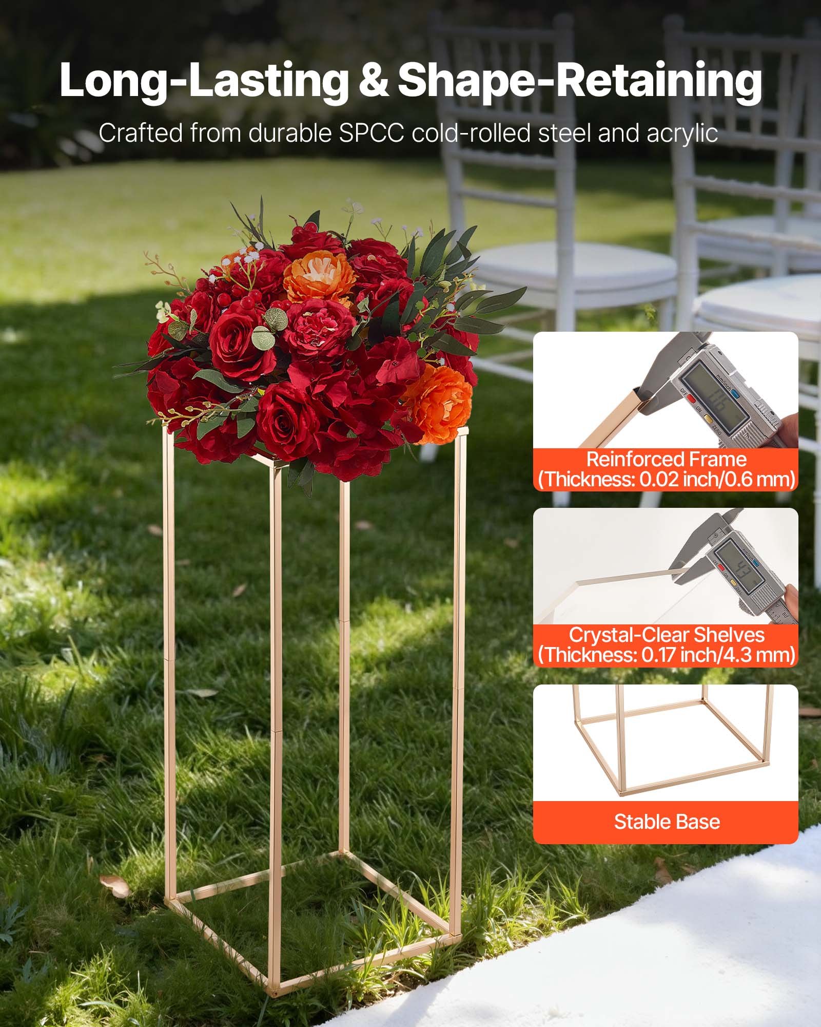VEVOR Soporte Floral para Bodas, 10 uds, Laminado Acrílico, Estante Rectangular Dorado Francés para Exhibición de Flores en Fiestas, Cumpleaños y Hogar, Estilo Clásico y Elegante, 250 x 250 x 600 mm