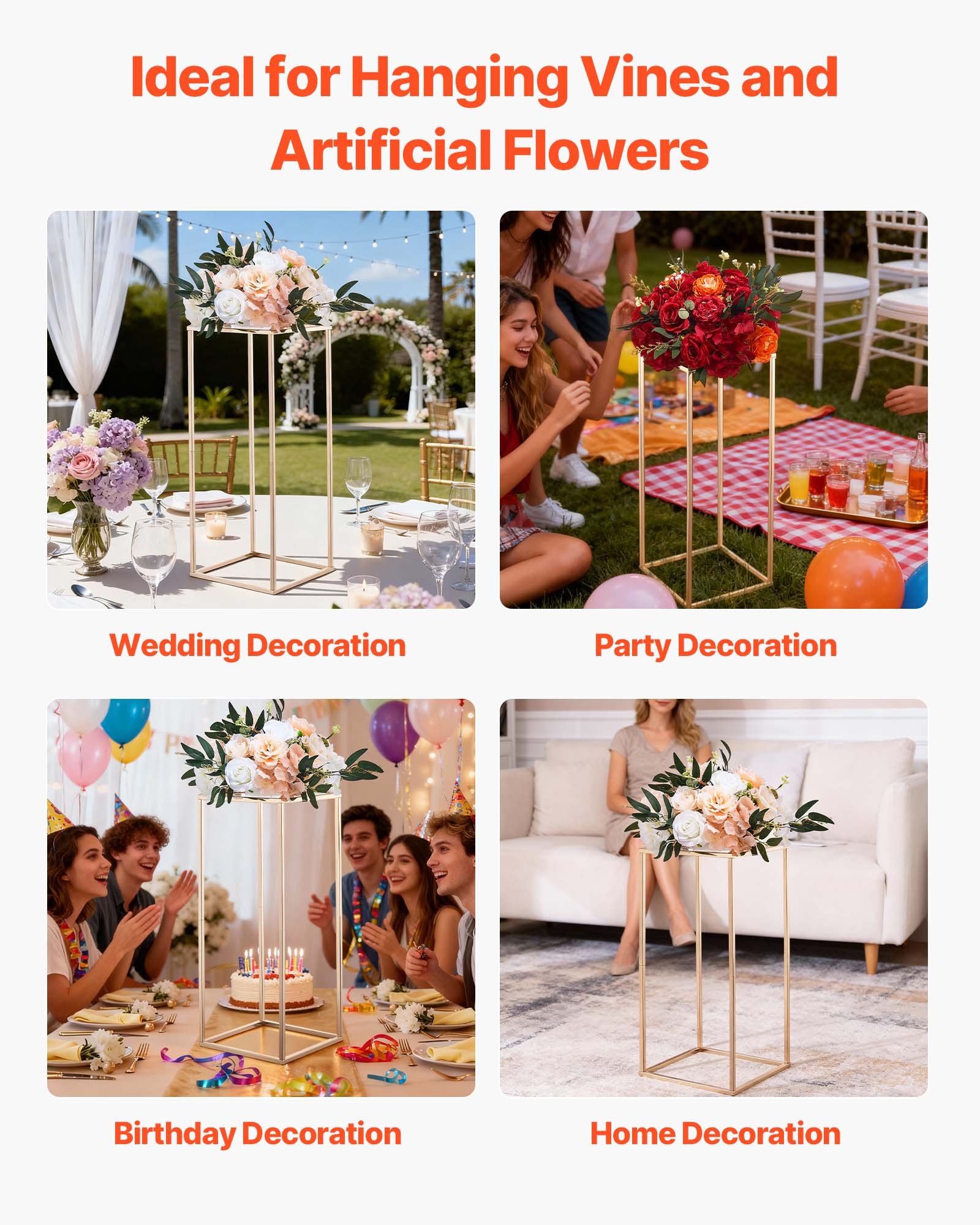 VEVOR Soporte Floral para Bodas, 10 uds, Laminado Acrílico, Estante Rectangular Dorado Francés para Exhibición de Flores en Fiestas, Cumpleaños y Hogar, Estilo Clásico y Elegante, 250 x 250 x 600 mm