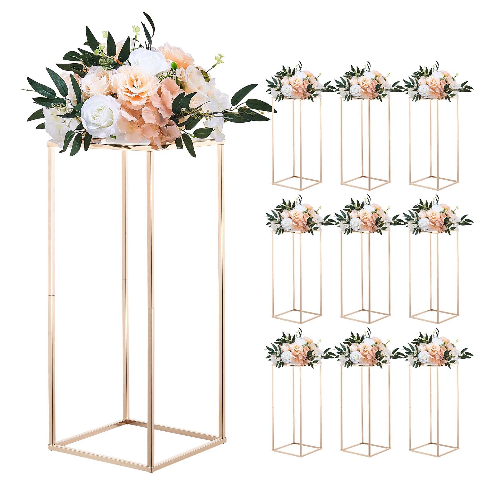 VEVOR Soporte Floral para Bodas, 10 uds, Laminado Acrílico, Estante Rectangular Dorado Francés para Exhibición de Flores en Fiestas, Cumpleaños y Hogar, Estilo Clásico y Elegante, 250 x 250 x 600 mm