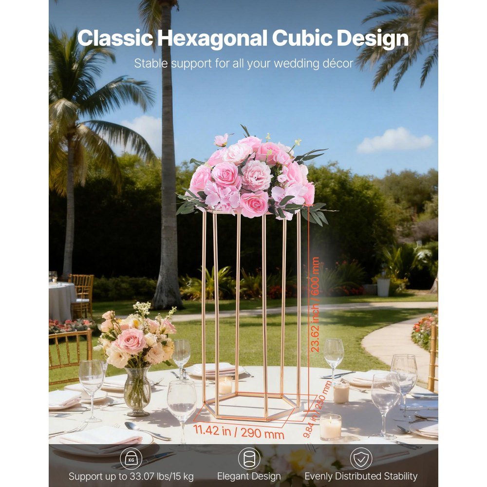 VEVOR Soporte Floral para Bodas, 10 uds, Laminado Acrílico, Chapado en Oro Francés, Estante Hexagonal Cúbico para Exhibición de Flores en Bodas, Fiestas, Cumpleaños y Hogar, 290 x 250 x 600 mm
