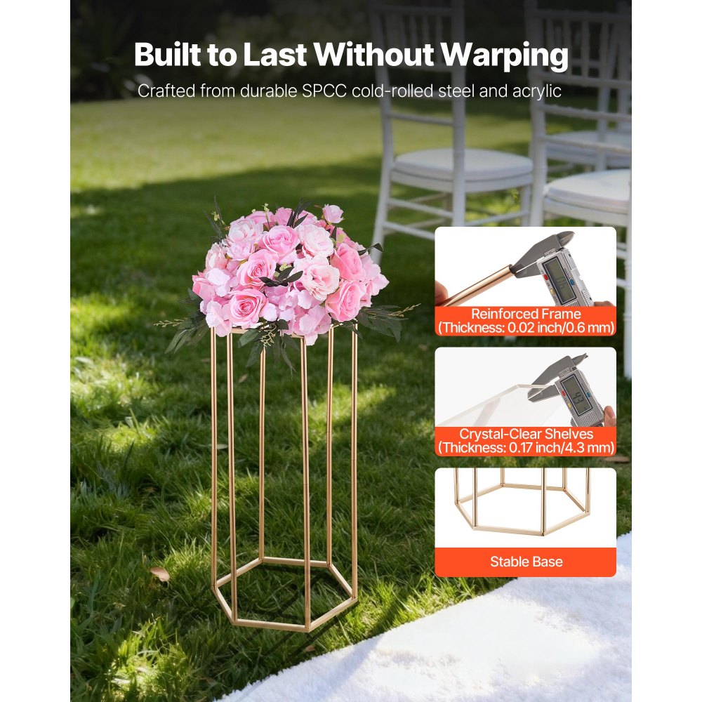 VEVOR Soporte Floral para Bodas, 10 uds, Laminado Acrílico, Chapado en Oro Francés, Estante Hexagonal Cúbico para Exhibición de Flores en Bodas, Fiestas, Cumpleaños y Hogar, 290 x 250 x 600 mm