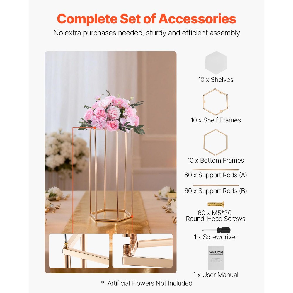 VEVOR Soporte Floral para Bodas, 10 uds, Laminado Acrílico, Chapado en Oro Francés, Estante Hexagonal Cúbico para Exhibición de Flores en Bodas, Fiestas, Cumpleaños y Hogar, 290 x 250 x 600 mm