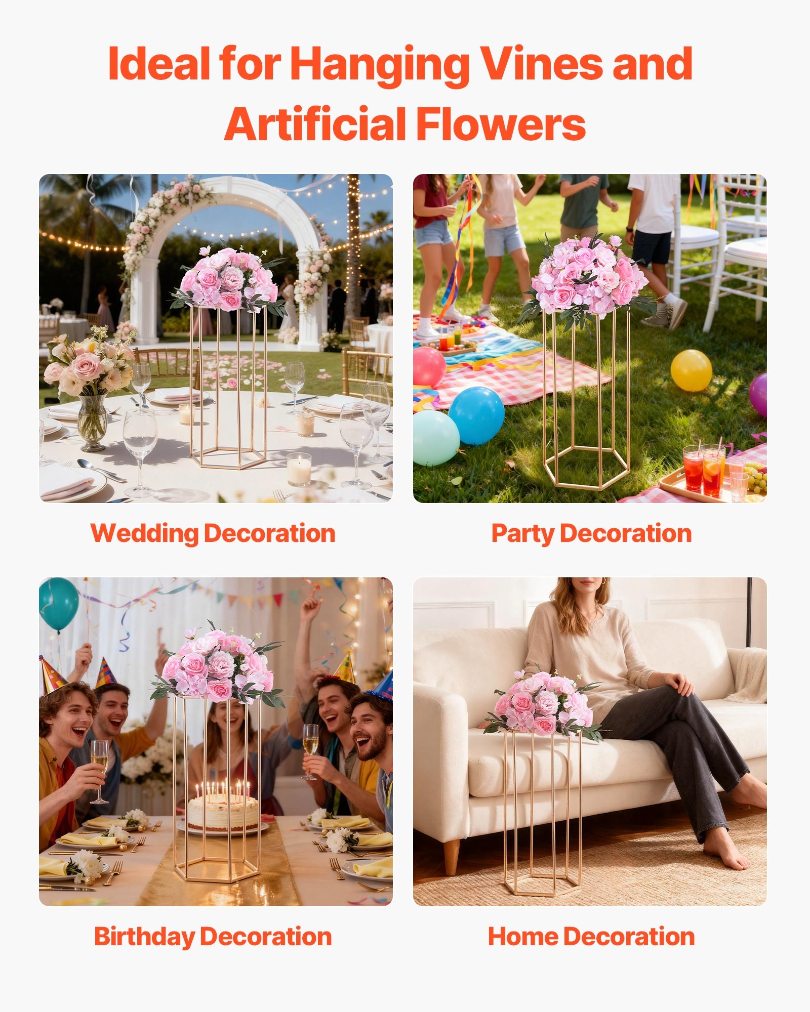 VEVOR Soporte Floral para Bodas, 10 uds, Laminado Acrílico, Chapado en Oro Francés, Estante Hexagonal Cúbico para Exhibición de Flores en Bodas, Fiestas, Cumpleaños y Hogar, 290 x 250 x 600 mm