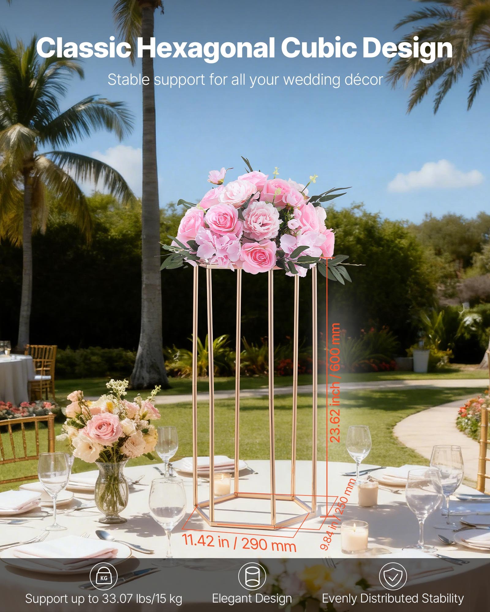 VEVOR Soporte Floral para Bodas, 10 uds, Laminado Acrílico, Chapado en Oro Francés, Estante Hexagonal Cúbico para Exhibición de Flores en Bodas, Fiestas, Cumpleaños y Hogar, 290 x 250 x 600 mm