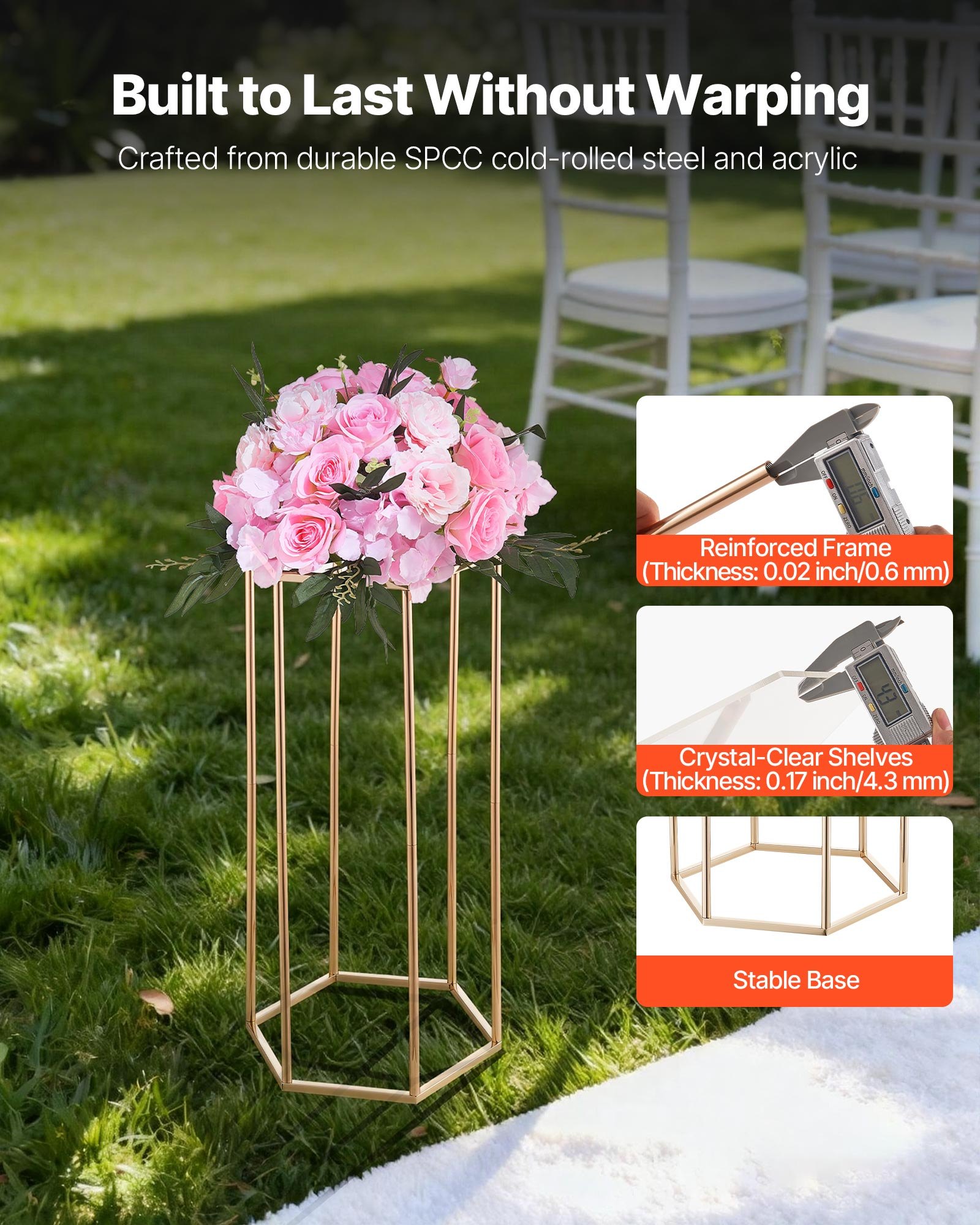 VEVOR Soporte Floral para Bodas, 10 uds, Laminado Acrílico, Chapado en Oro Francés, Estante Hexagonal Cúbico para Exhibición de Flores en Bodas, Fiestas, Cumpleaños y Hogar, 290 x 250 x 600 mm