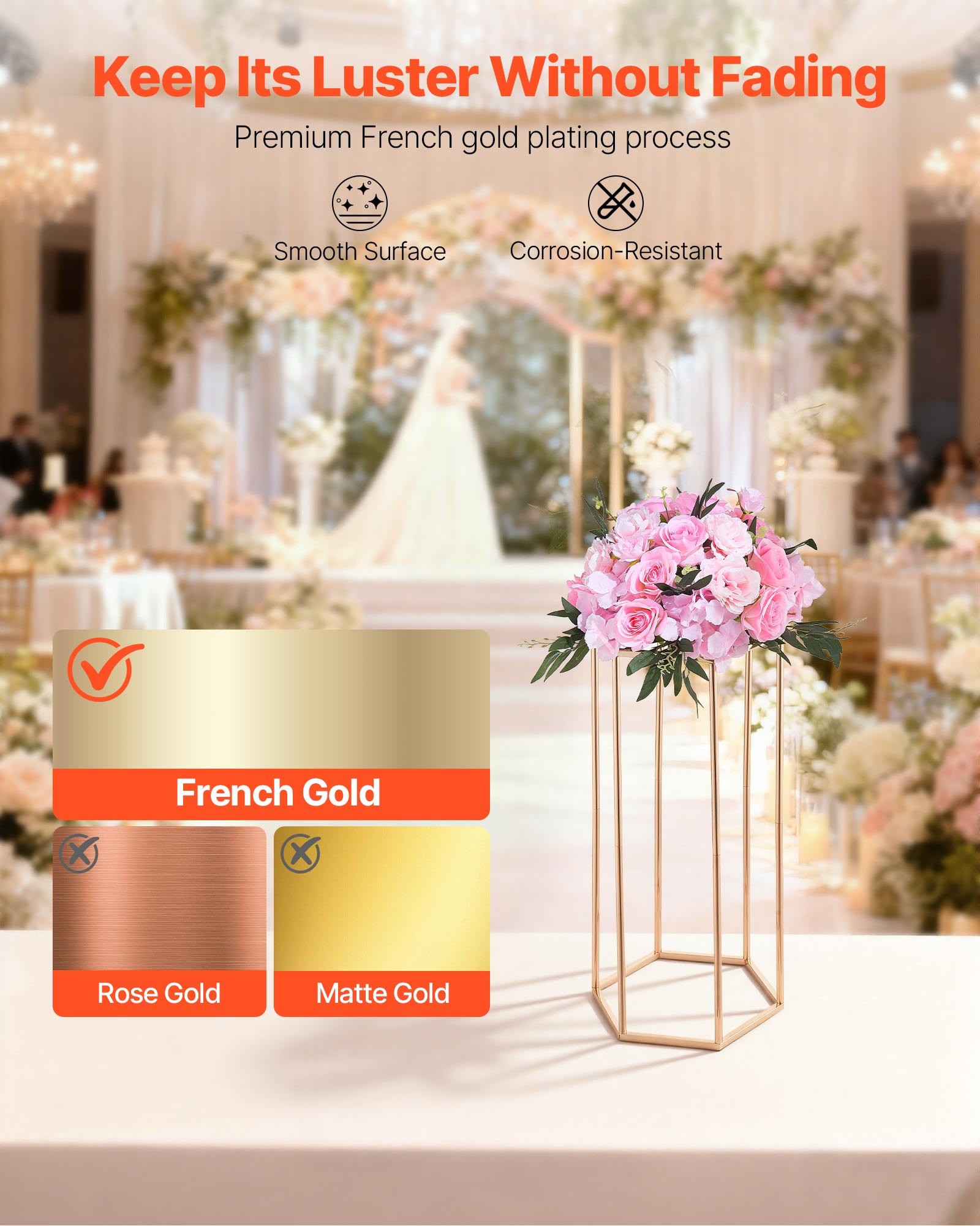 VEVOR Soporte Floral para Bodas, 10 uds, Laminado Acrílico, Chapado en Oro Francés, Estante Hexagonal Cúbico para Exhibición de Flores en Bodas, Fiestas, Cumpleaños y Hogar, 290 x 250 x 600 mm