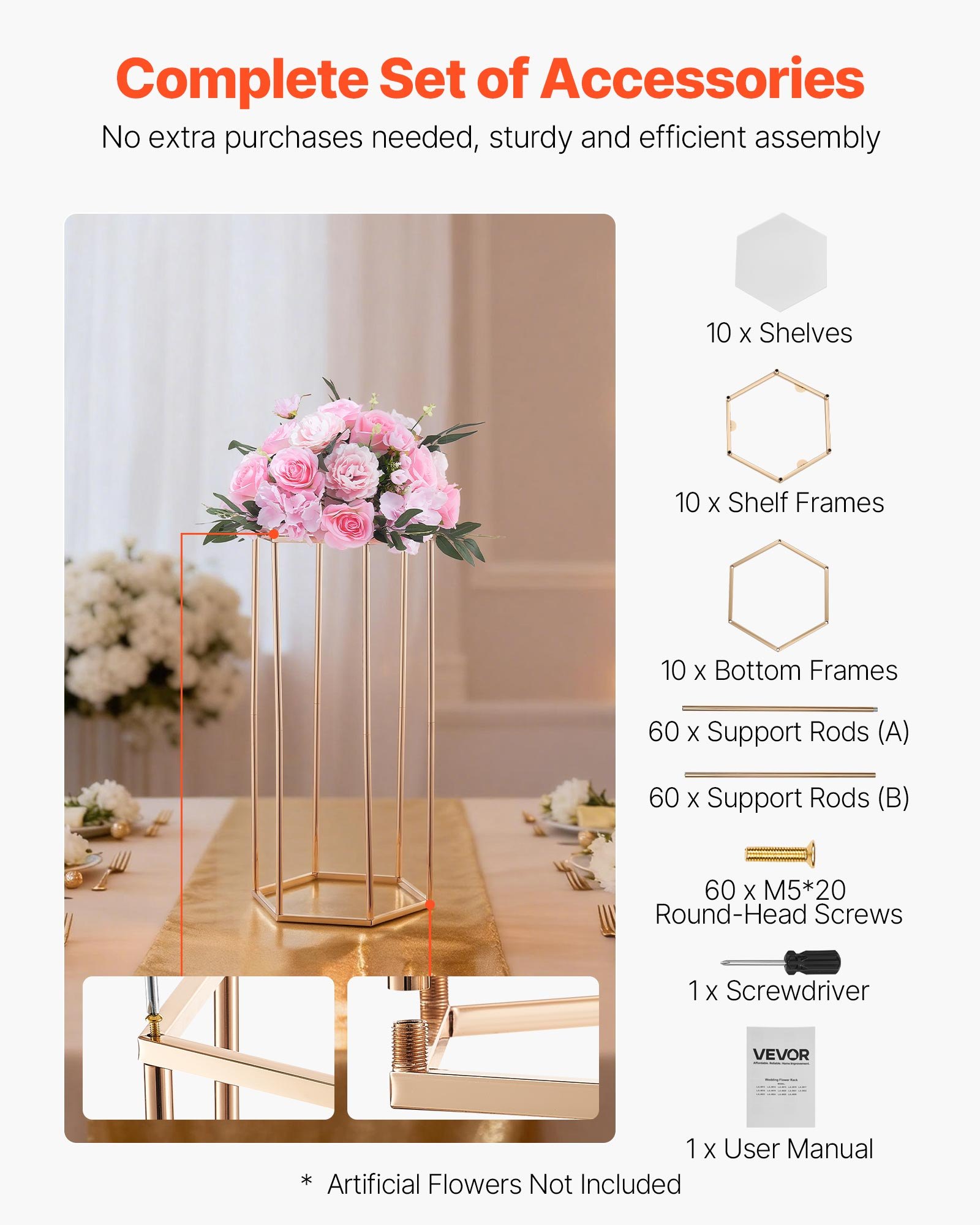 VEVOR Soporte Floral para Bodas, 10 uds, Laminado Acrílico, Chapado en Oro Francés, Estante Hexagonal Cúbico para Exhibición de Flores en Bodas, Fiestas, Cumpleaños y Hogar, 290 x 250 x 600 mm