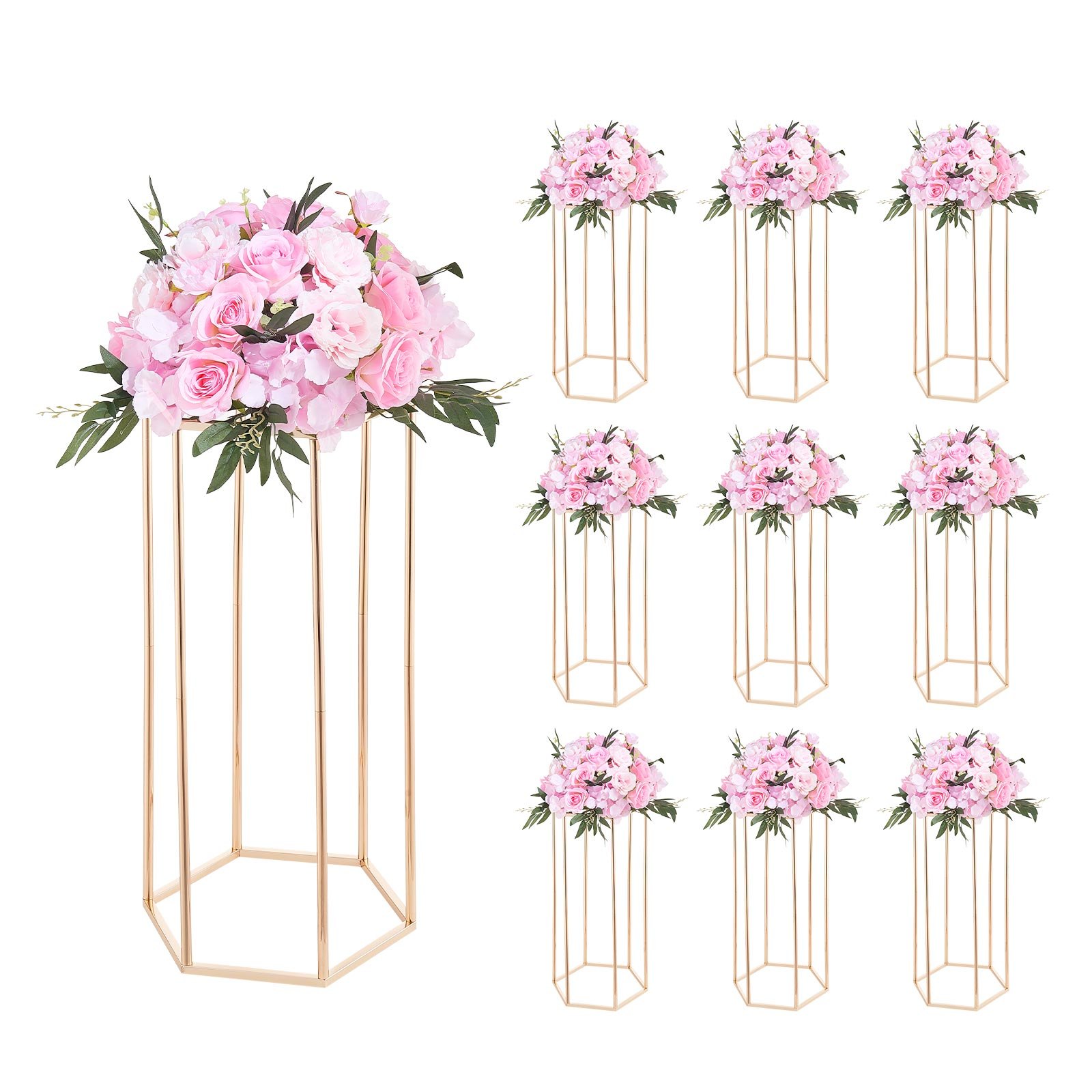 VEVOR Soporte Floral para Bodas, 10 uds, Laminado Acrílico, Chapado en Oro Francés, Estante Hexagonal Cúbico para Exhibición de Flores en Bodas, Fiestas, Cumpleaños y Hogar, 290 x 250 x 600 mm