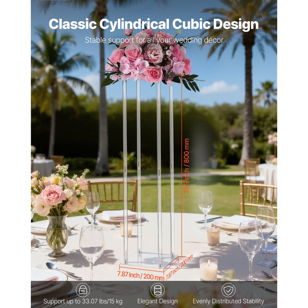 VEVOR Soporte Floral para Bodas, 10 uds, con Laminado Acrílico, Ideal para Bodas, Fiestas, Cumpleaños, Decoración del Hogar y Centros de Mesa, 200 x 200 x 800 mm, Diseño Minimalista y Elegante