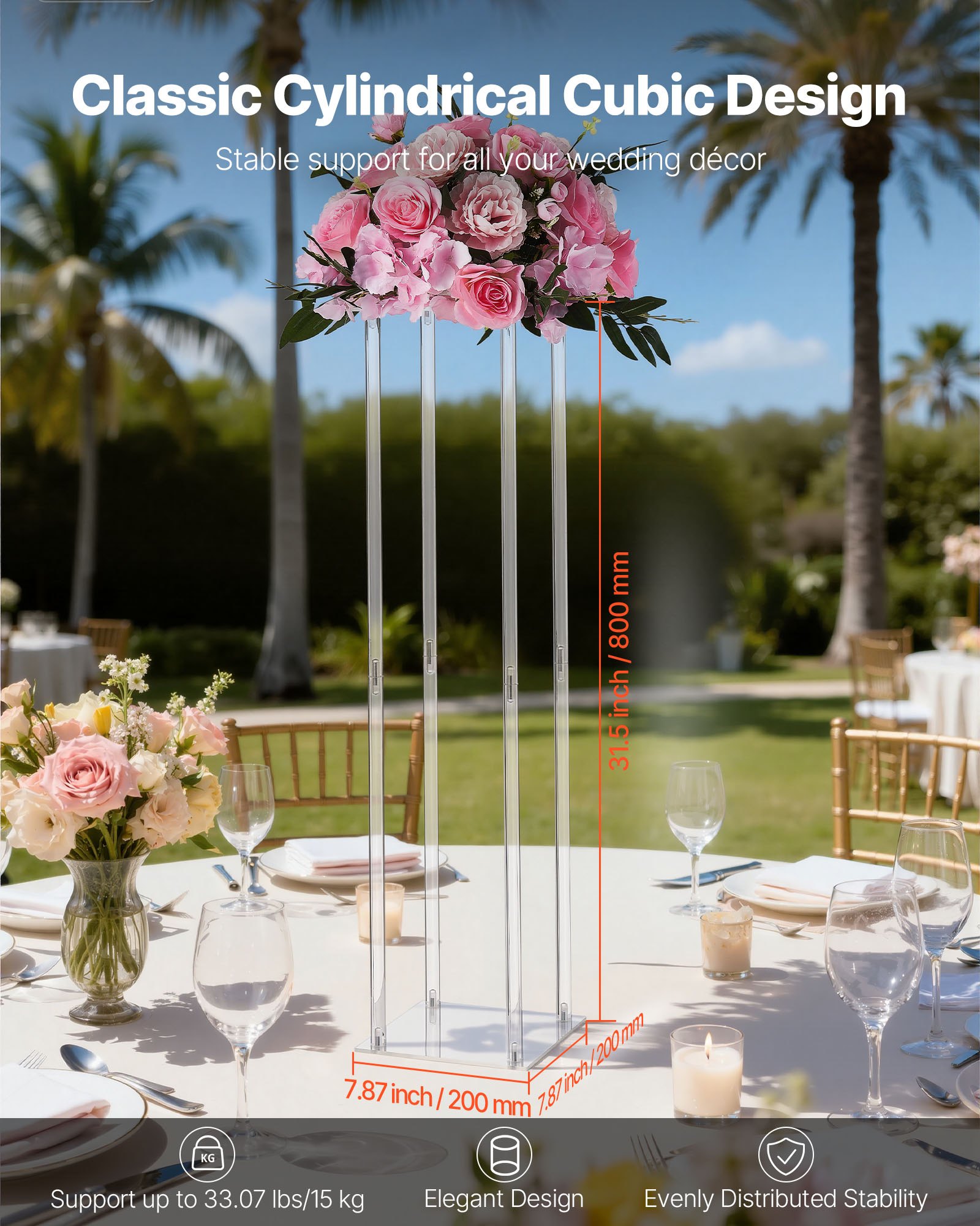 VEVOR Soporte Floral para Bodas, 10 uds, con Laminado Acrílico, Ideal para Bodas, Fiestas, Cumpleaños, Decoración del Hogar y Centros de Mesa, 200 x 200 x 800 mm, Diseño Minimalista y Elegante