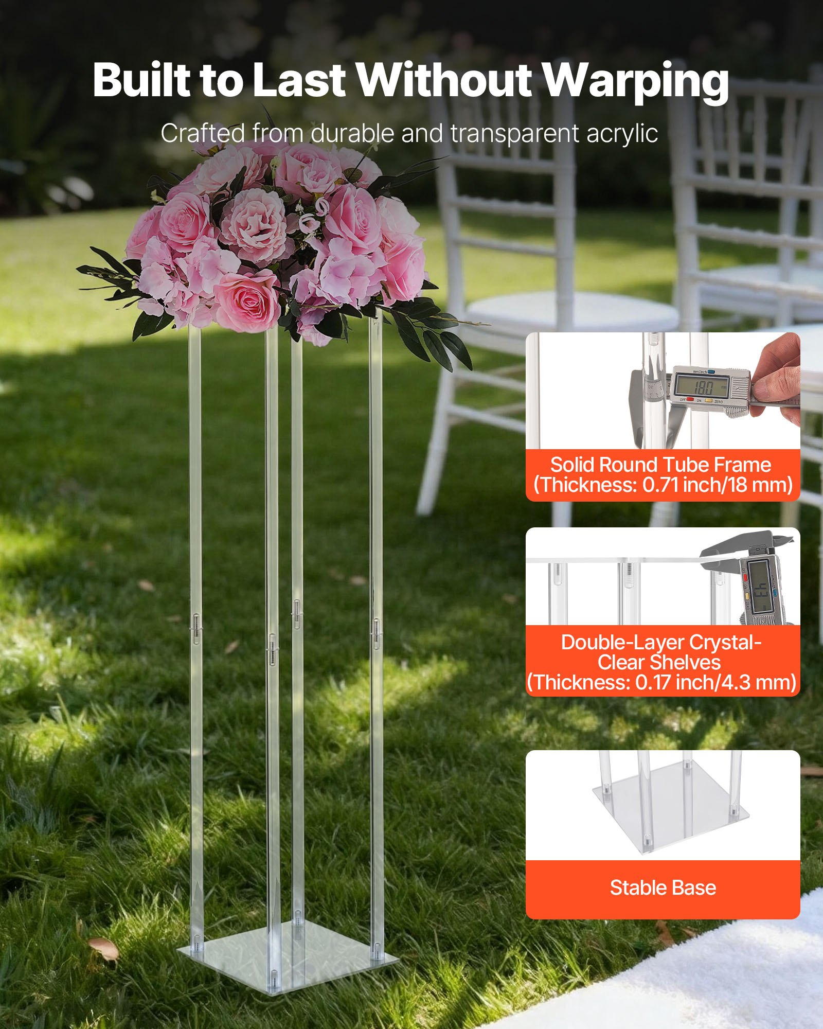 VEVOR Soporte Floral para Bodas, 10 uds, con Laminado Acrílico, Ideal para Bodas, Fiestas, Cumpleaños, Decoración del Hogar y Centros de Mesa, 200 x 200 x 800 mm, Diseño Minimalista y Elegante