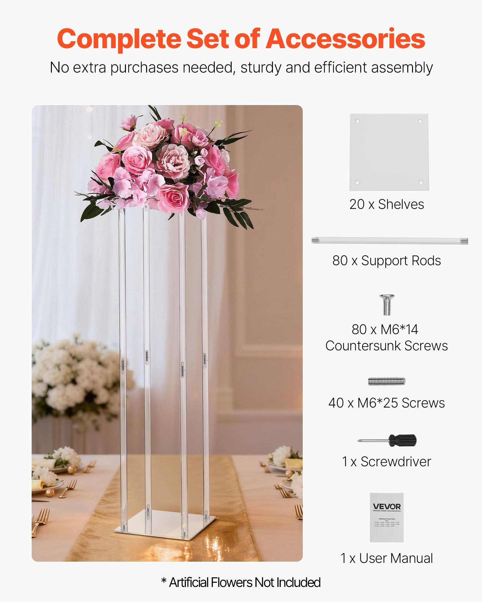 VEVOR Soporte Floral para Bodas, 10 uds, con Laminado Acrílico, Ideal para Bodas, Fiestas, Cumpleaños, Decoración del Hogar y Centros de Mesa, 200 x 200 x 800 mm, Diseño Minimalista y Elegante