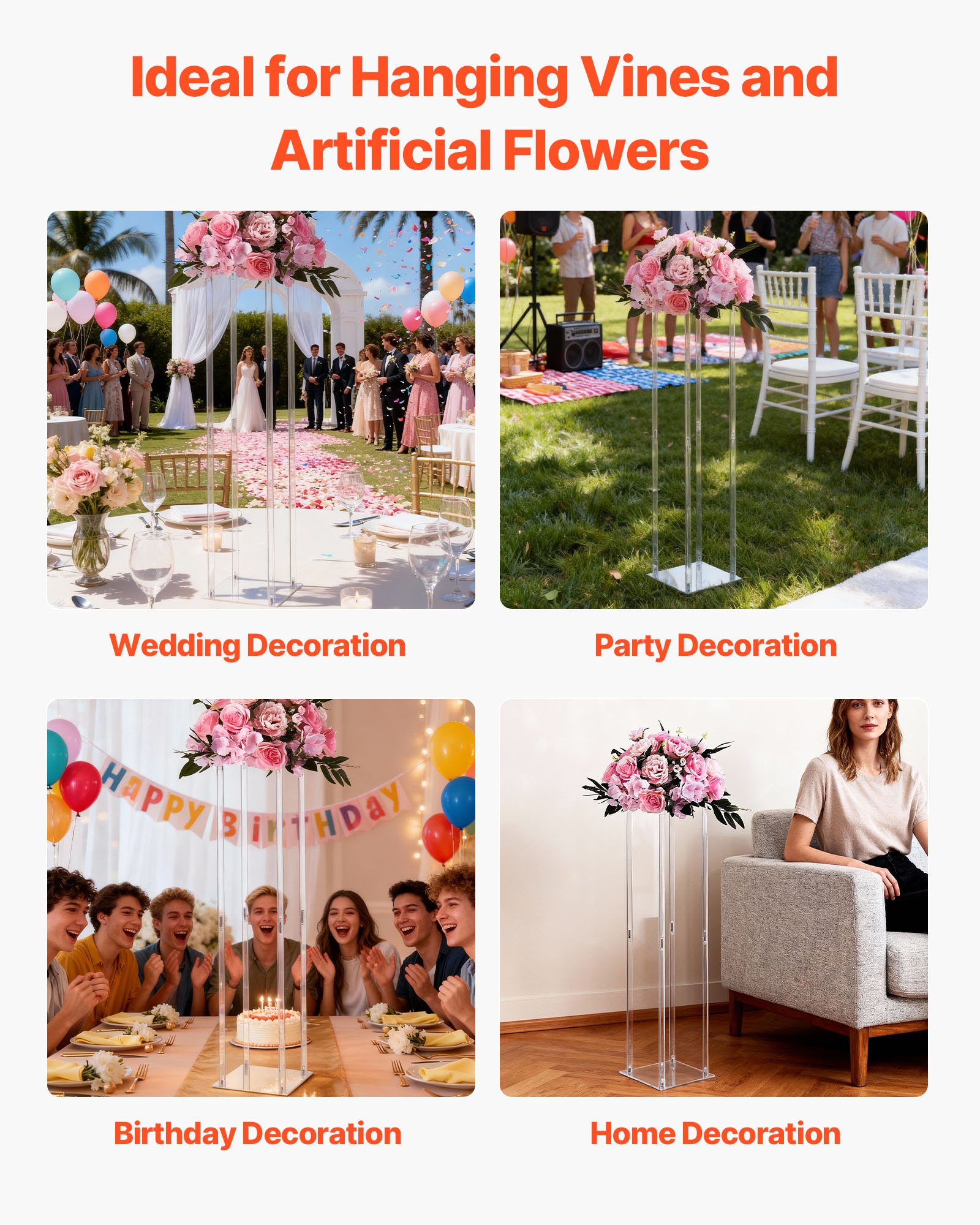 VEVOR Soporte Floral para Bodas, 10 uds, con Laminado Acrílico, Ideal para Bodas, Fiestas, Cumpleaños, Decoración del Hogar y Centros de Mesa, 200 x 200 x 800 mm, Diseño Minimalista y Elegante
