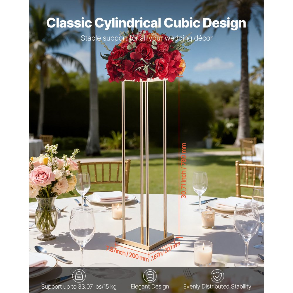 VEVOR Soporte Floral Geométrico para Bodas, 10 uds, Diseño Clásico Cilíndrico Cúbico, con Laminado Metálico, Ideal para Bodas, Fiestas, Cumpleaños y el Hogar, 200 x 200 x 800 mm, Color Dorado