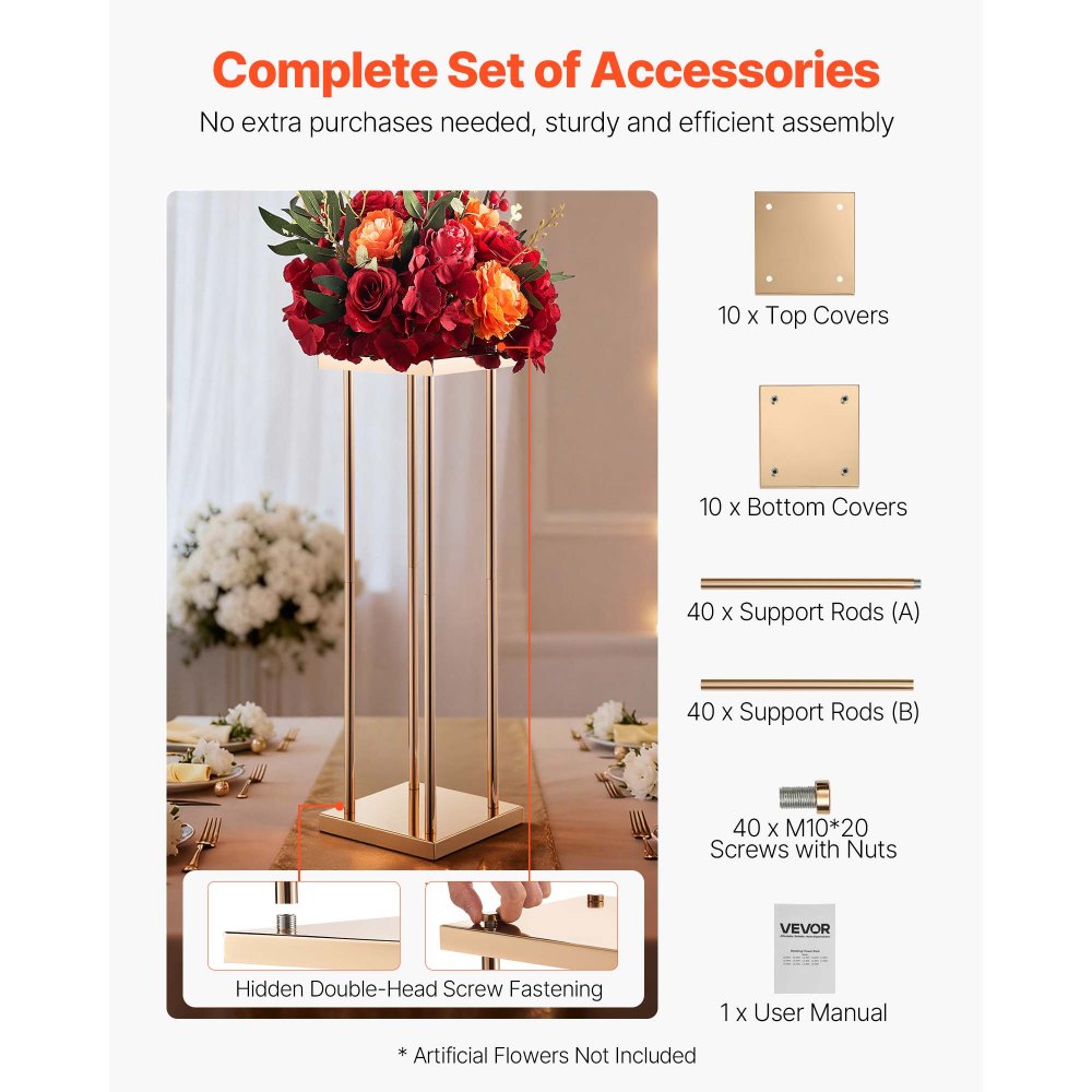 VEVOR Soporte Floral Geométrico para Bodas, 10 uds, Diseño Clásico Cilíndrico Cúbico, con Laminado Metálico, Ideal para Bodas, Fiestas, Cumpleaños y el Hogar, 200 x 200 x 800 mm, Color Dorado