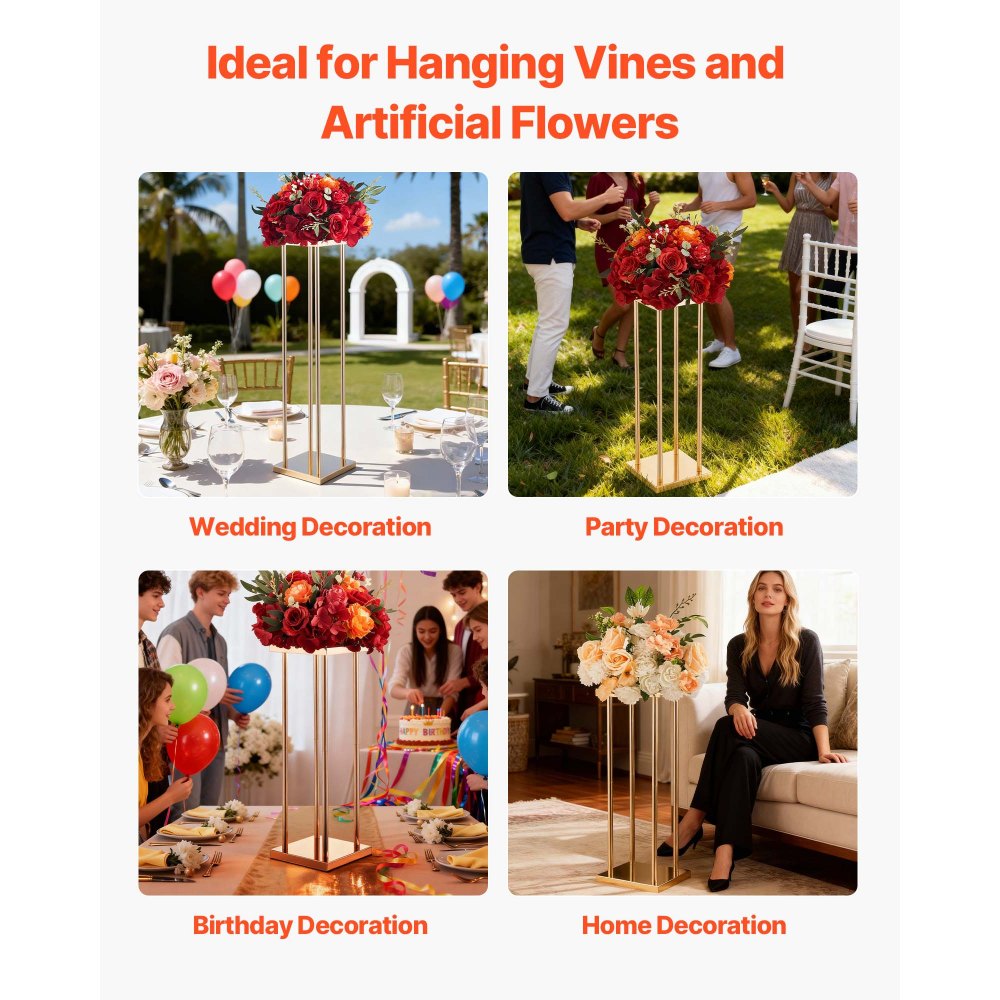 VEVOR Soporte Floral Geométrico para Bodas, 10 uds, Diseño Clásico Cilíndrico Cúbico, con Laminado Metálico, Ideal para Bodas, Fiestas, Cumpleaños y el Hogar, 200 x 200 x 800 mm, Color Dorado