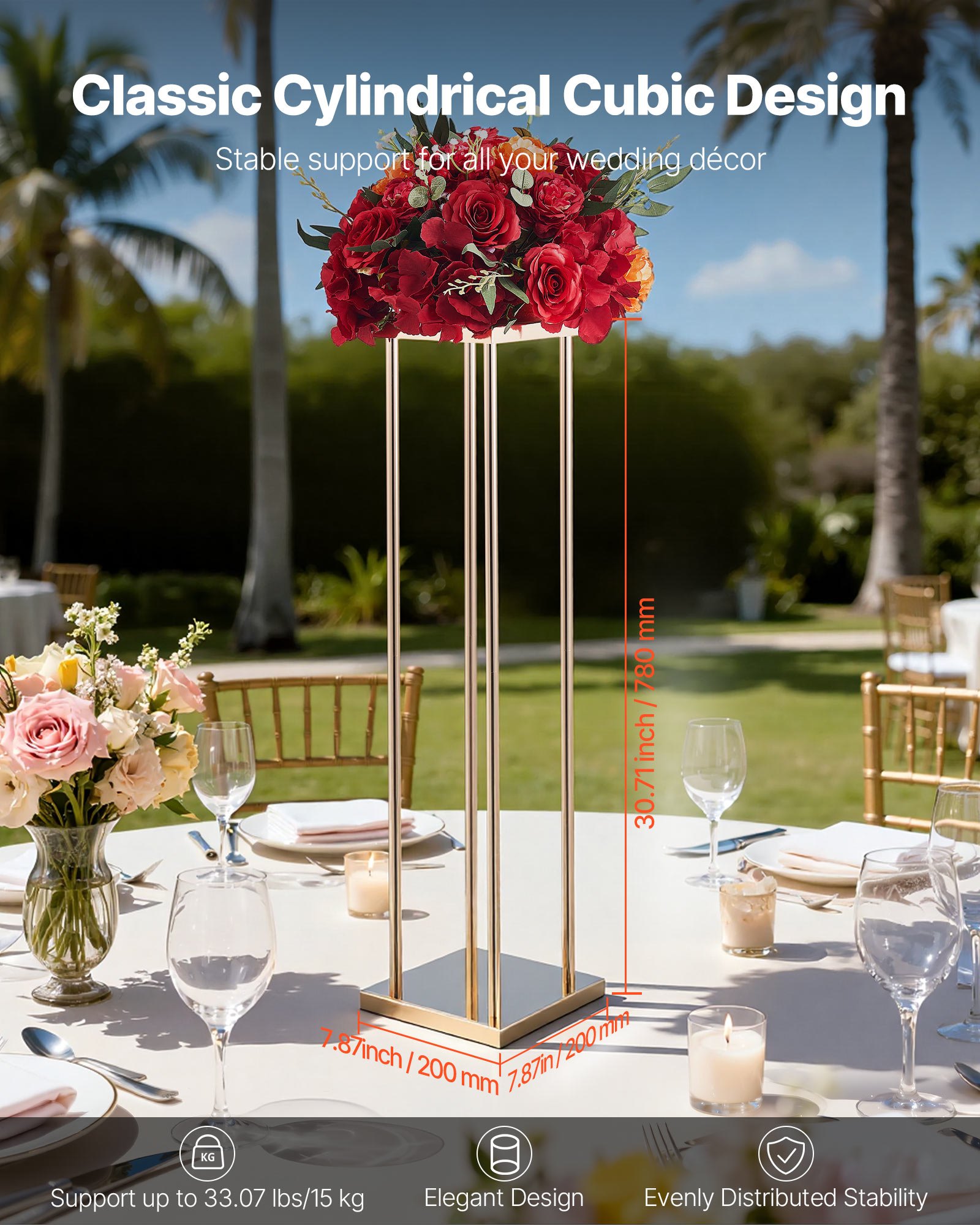 VEVOR Soporte Floral Geométrico para Bodas, 10 uds, Diseño Clásico Cilíndrico Cúbico, con Laminado Metálico, Ideal para Bodas, Fiestas, Cumpleaños y el Hogar, 200 x 200 x 800 mm, Color Dorado