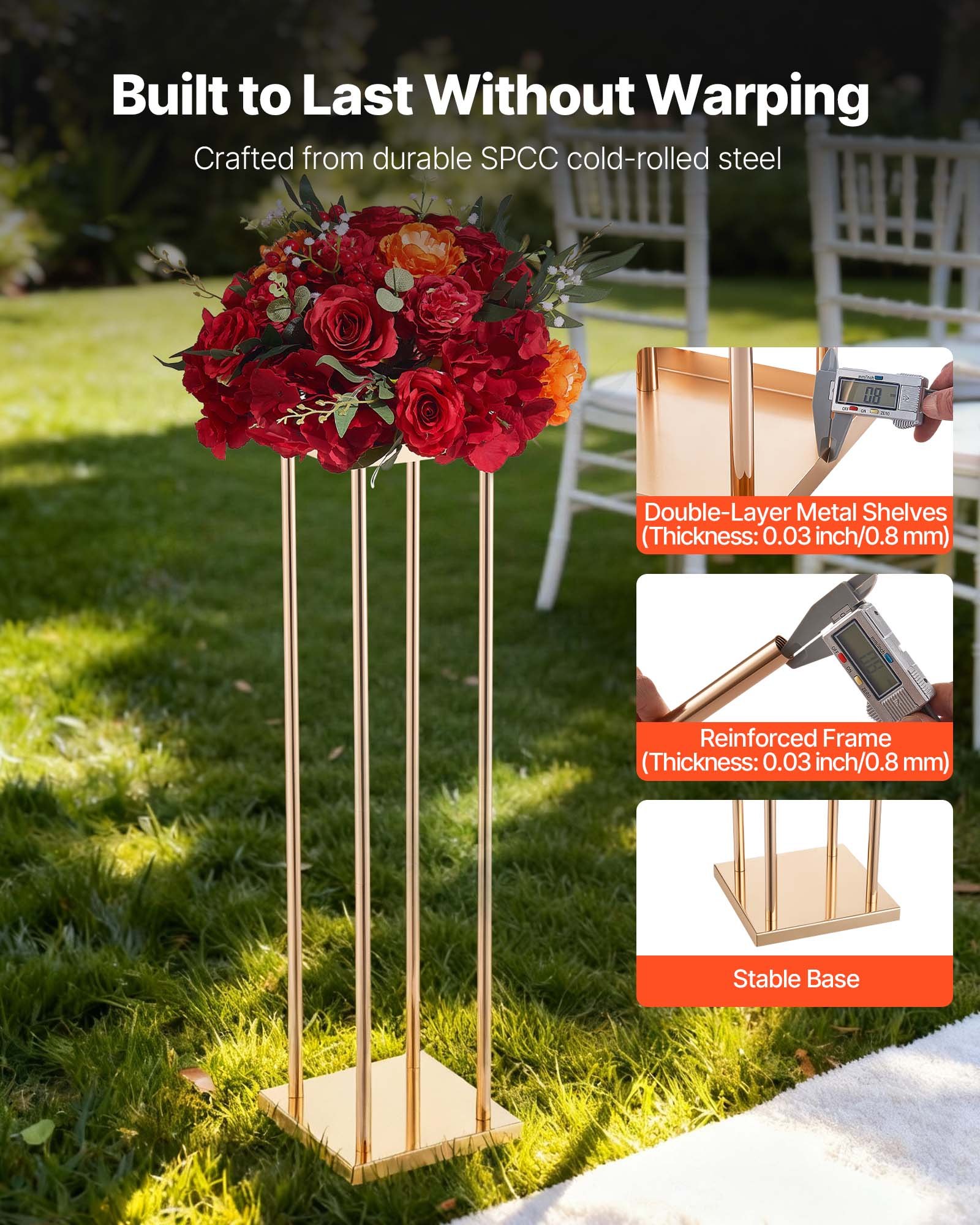 VEVOR Soporte Floral Geométrico para Bodas, 10 uds, Diseño Clásico Cilíndrico Cúbico, con Laminado Metálico, Ideal para Bodas, Fiestas, Cumpleaños y el Hogar, 200 x 200 x 800 mm, Color Dorado