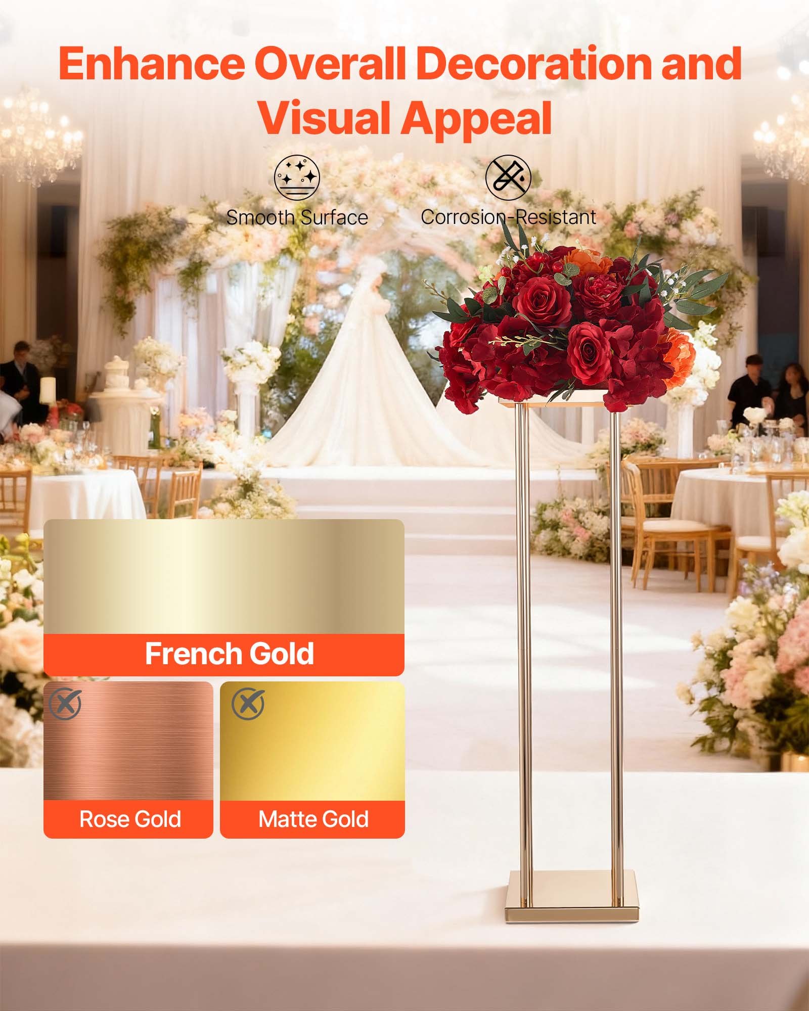 VEVOR Soporte Floral Geométrico para Bodas, 10 uds, Diseño Clásico Cilíndrico Cúbico, con Laminado Metálico, Ideal para Bodas, Fiestas, Cumpleaños y el Hogar, 200 x 200 x 800 mm, Color Dorado