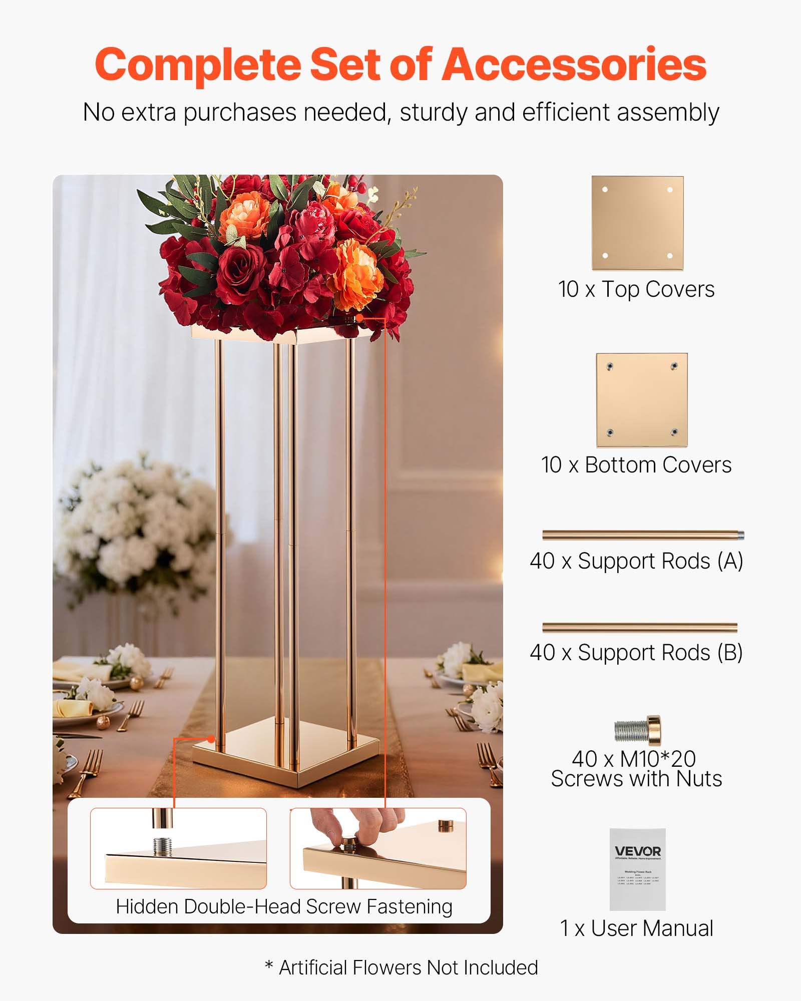 VEVOR Soporte Floral Geométrico para Bodas, 10 uds, Diseño Clásico Cilíndrico Cúbico, con Laminado Metálico, Ideal para Bodas, Fiestas, Cumpleaños y el Hogar, 200 x 200 x 800 mm, Color Dorado