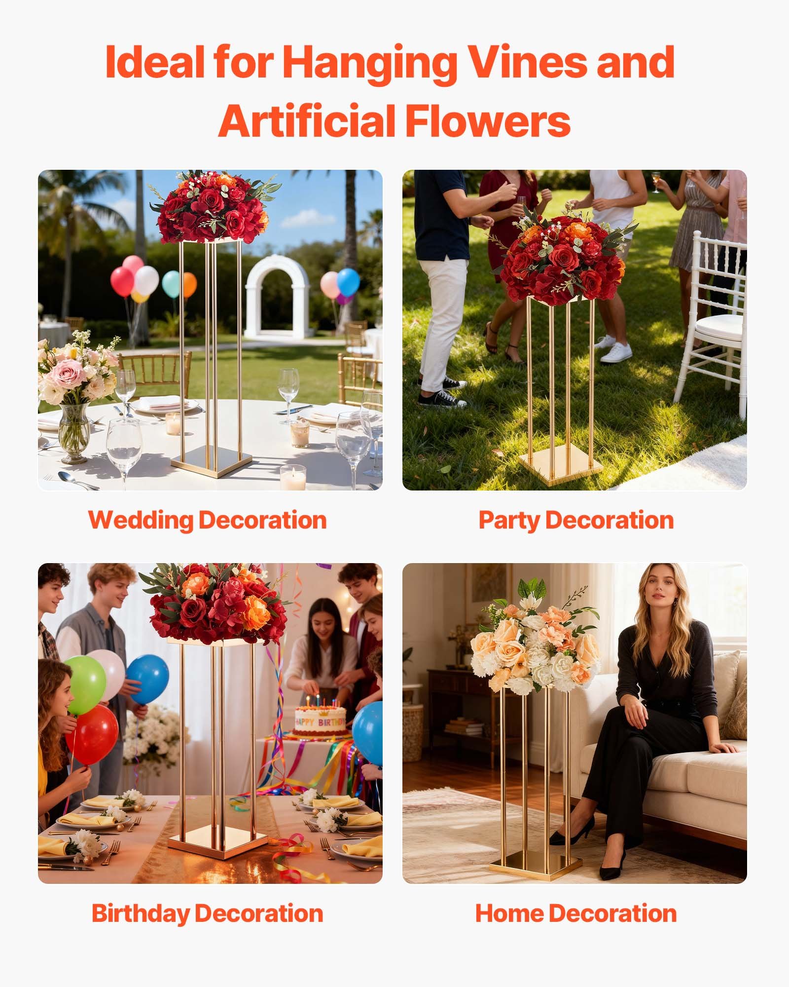 VEVOR Soporte Floral Geométrico para Bodas, 10 uds, Diseño Clásico Cilíndrico Cúbico, con Laminado Metálico, Ideal para Bodas, Fiestas, Cumpleaños y el Hogar, 200 x 200 x 800 mm, Color Dorado