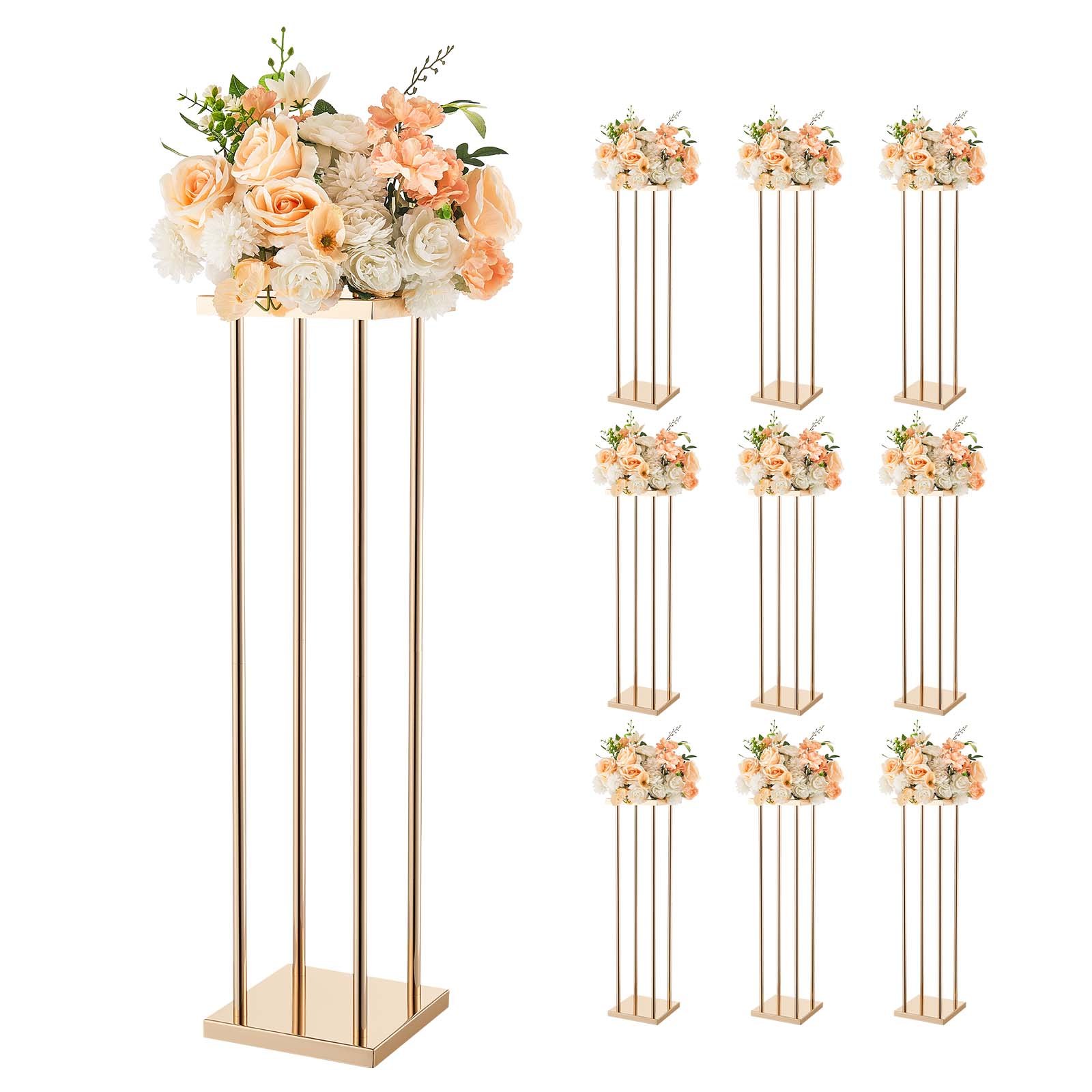 VEVOR Soporte Floral Geométrico para Bodas, 10 uds, Diseño Clásico Cilíndrico Cúbico, con Laminado Metálico, Ideal para Bodas, Fiestas, Cumpleaños y el Hogar, 200 x 200 x 800 mm, Color Dorado