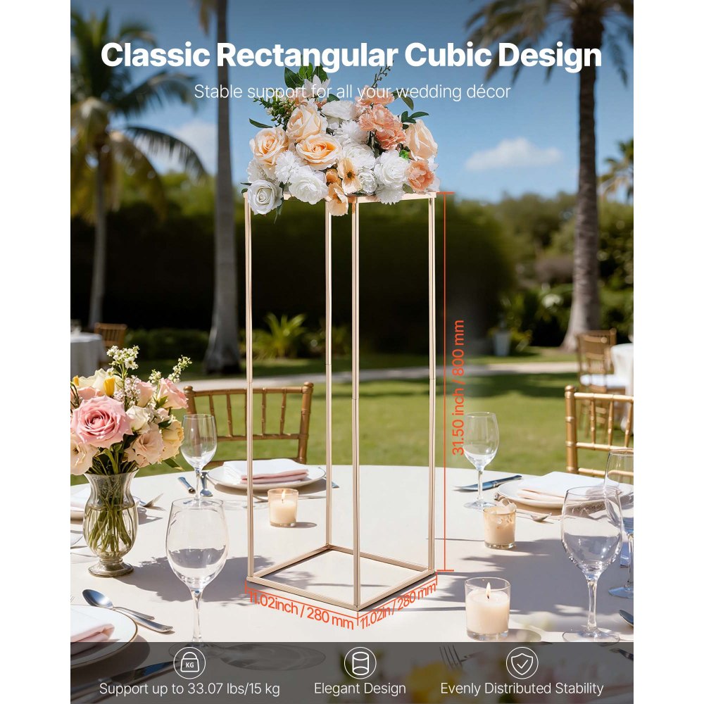 VEVOR Soporte Floral para Bodas, de Acero SPCC, 10 Piezas, con Laminado Metálico, Estante Rectangular Dorado Francés para Exhibición de Flores en Bodas, Fiestas, Cumpleaños y Hogar, 280 x 280 x 800 mm