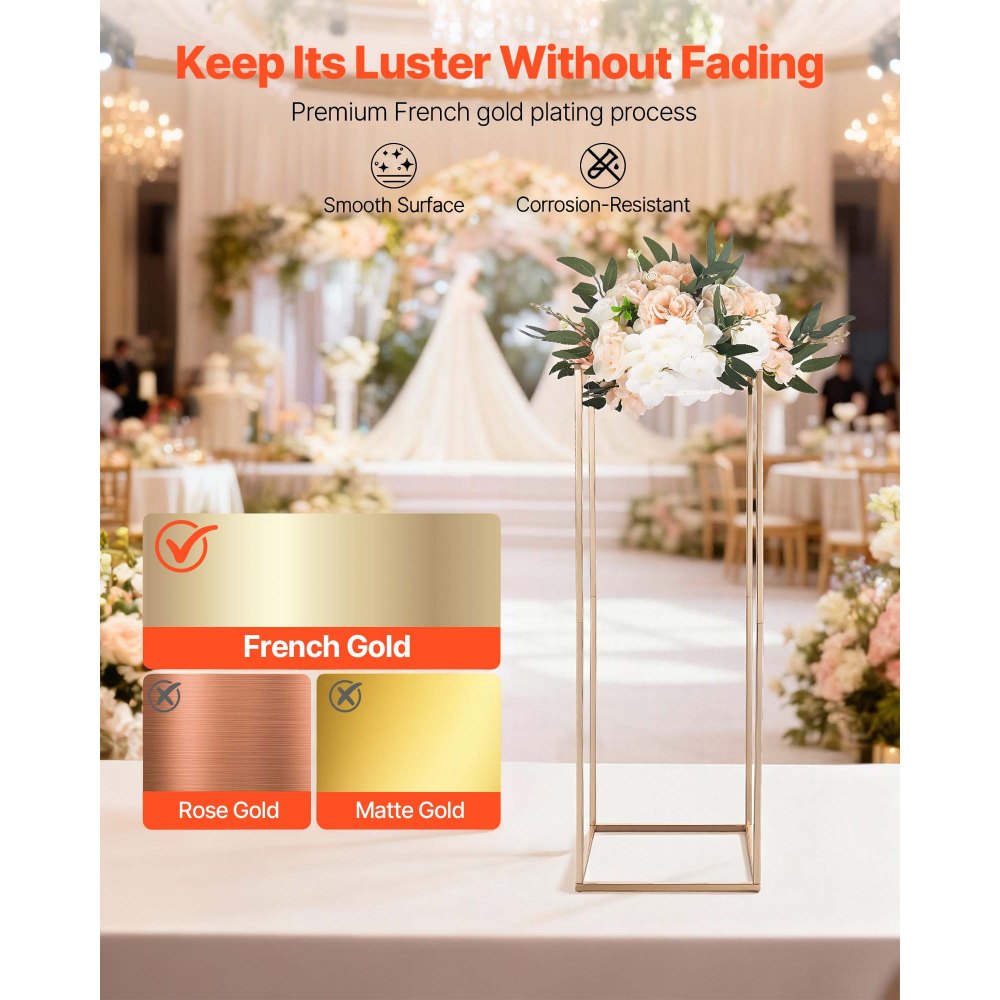 VEVOR Soporte Floral para Bodas, de Acero SPCC, 10 Piezas, con Laminado Metálico, Estante Rectangular Dorado Francés para Exhibición de Flores en Bodas, Fiestas, Cumpleaños y Hogar, 280 x 280 x 800 mm